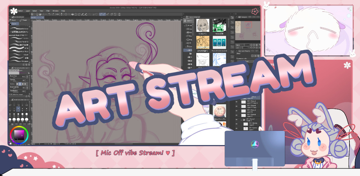 Screenshot of pink and blue themed Twitch stream overlay with bold text over top that reads; art stream.