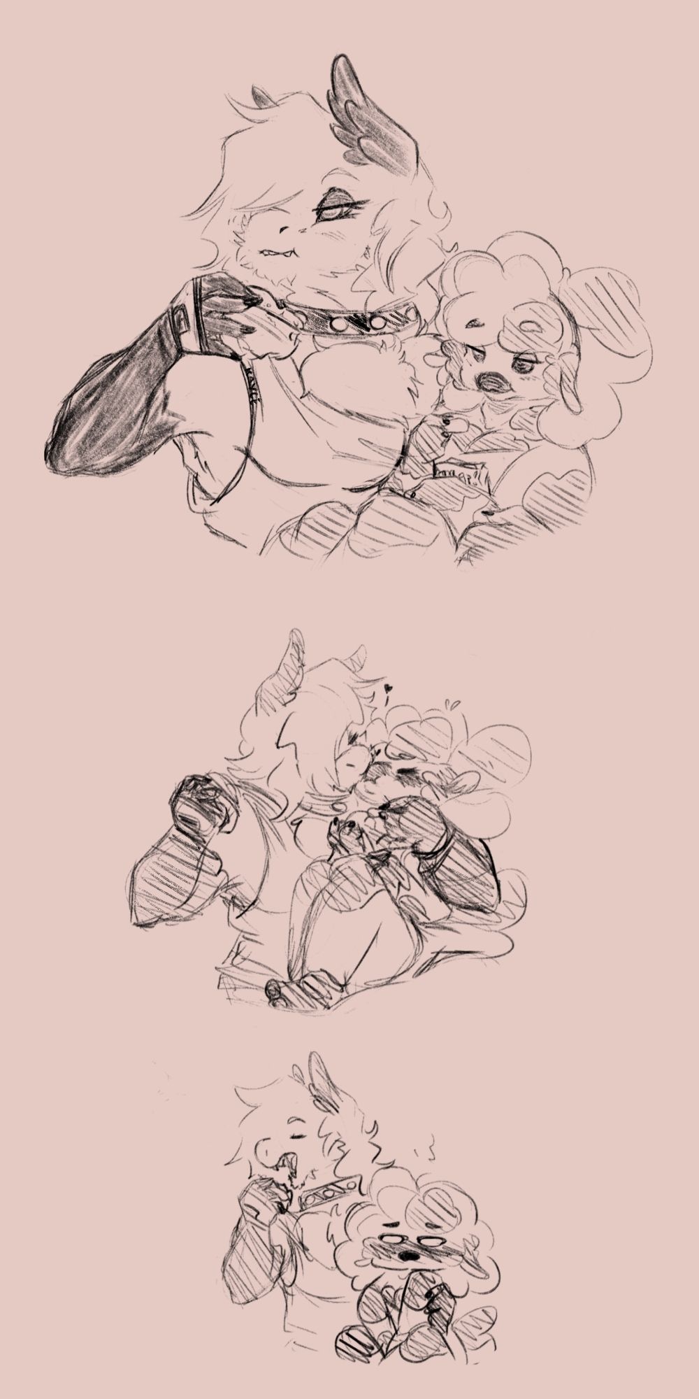 OCs: horse boyfriend stealing a kiss from sheep girlfriend mid lunch