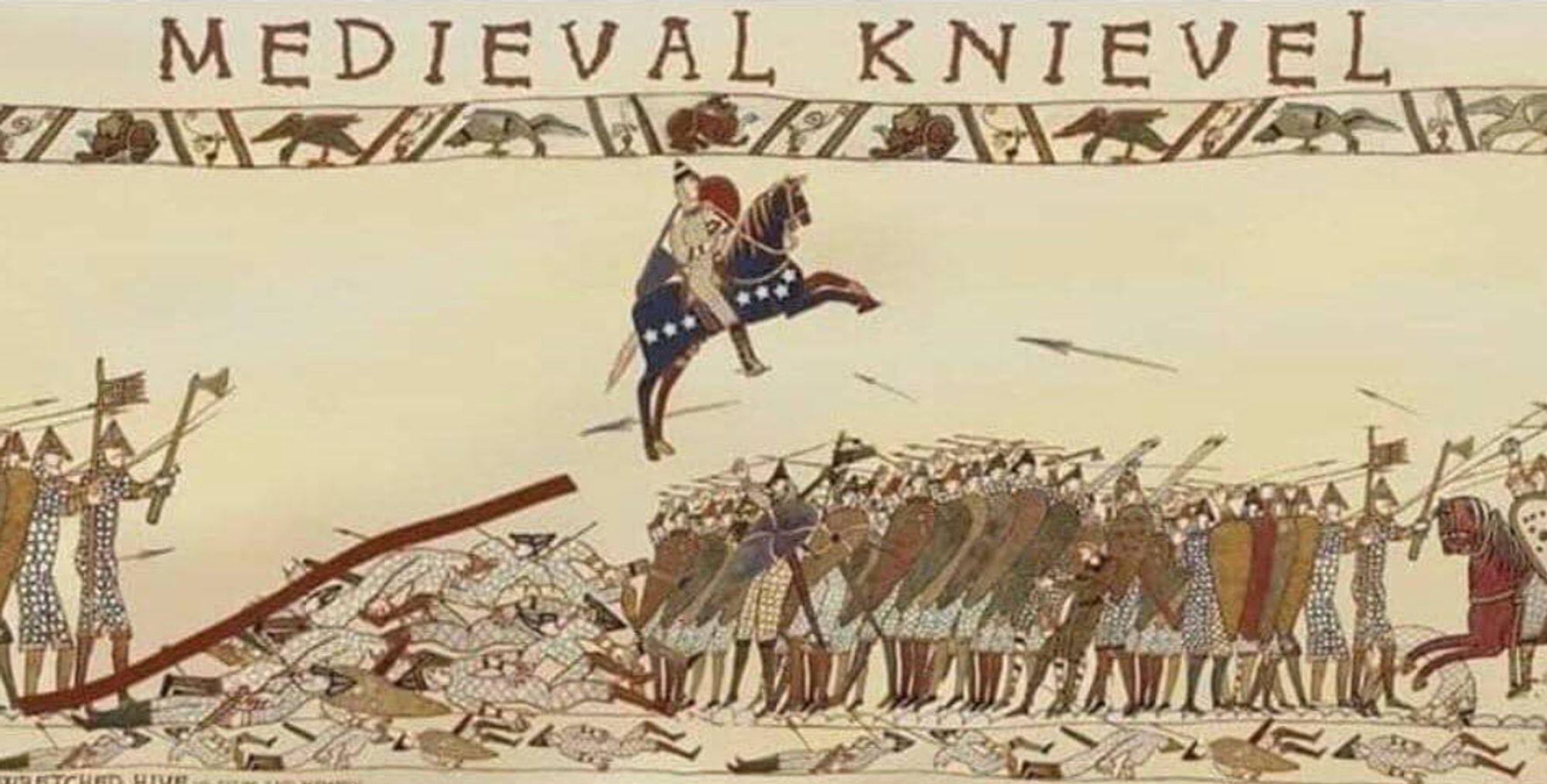 MEDIEVAL KNIEVEL - a medieval dude sails his horse above a collected group of other medieval dudes holding their spears and other assorted medieval weaponry toward him. But he's MEDIEVAL KNIEVEL and he's gonna make it he's gonna make. it, is he gonna make it? OH GOD, I DON'T THINK HE'S GONNA MAKE IT...