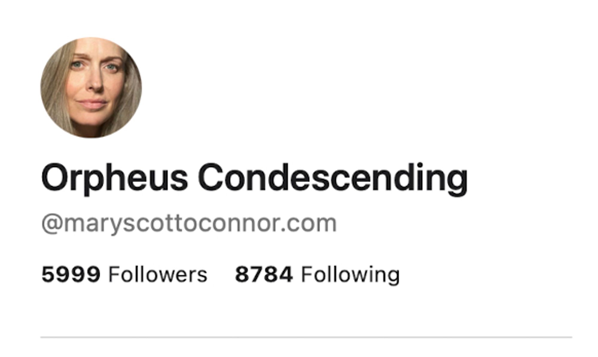 Screenshot of my profile pic and the #of followers beneath it: 5999 (also the # I follow - 8784. I follow back everyone who follows me, and I followed a few thousand besides).