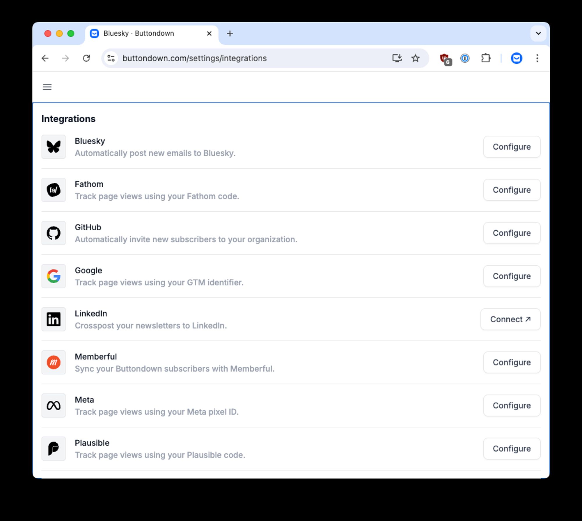 A screenshot of Buttondown's integrations page, featuring (newly!) Bluesky.