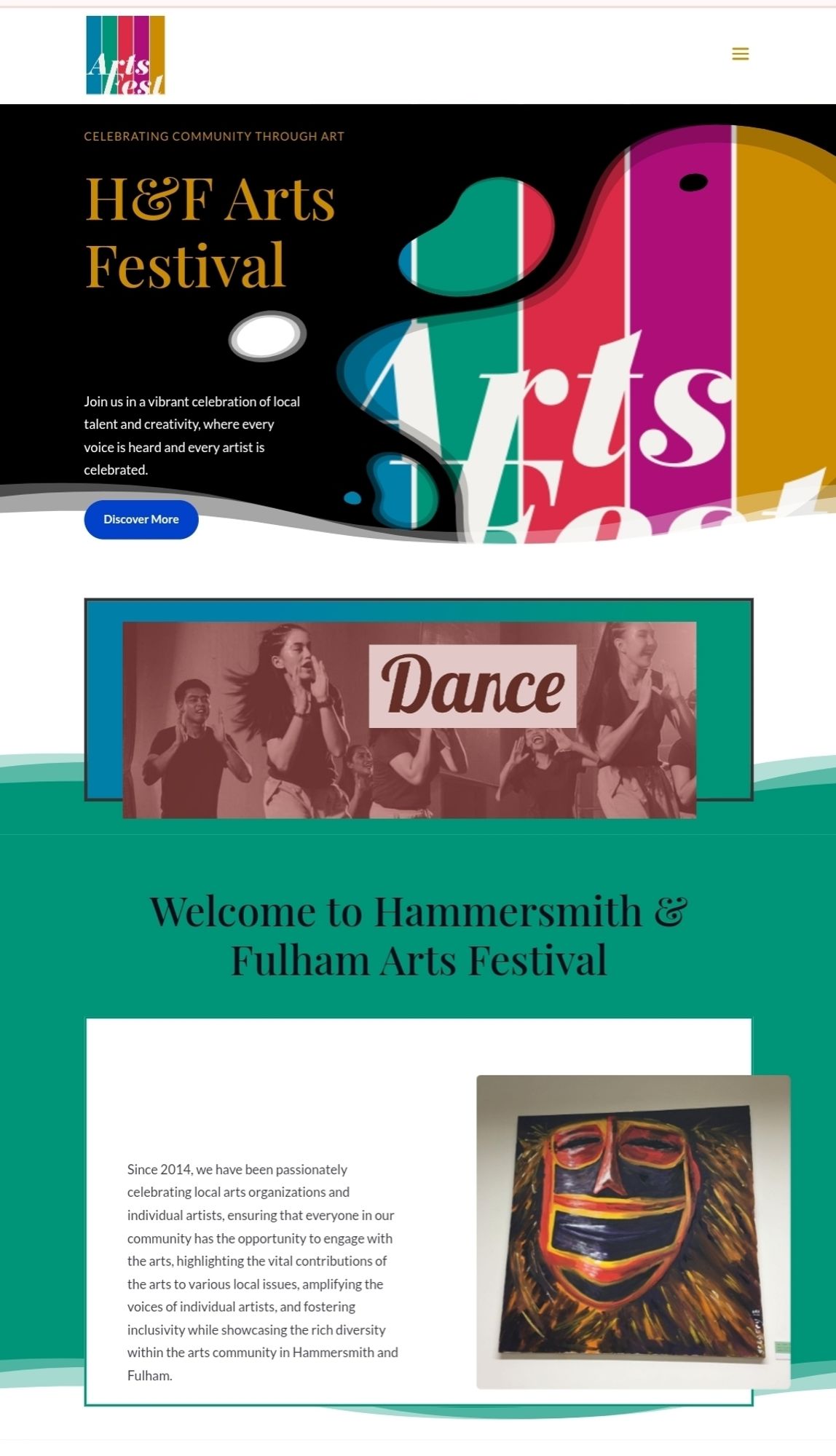 Website home page for Hammersmith and Fulham Arts Festival