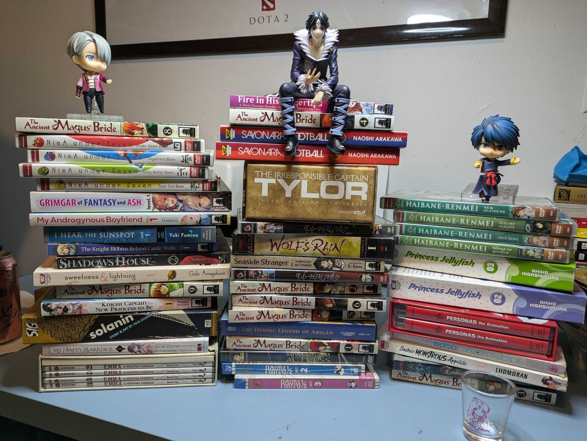 a pile of blu-rays and manga. (and some figures, but they're not part of the giveaway. they're there for emotional support)