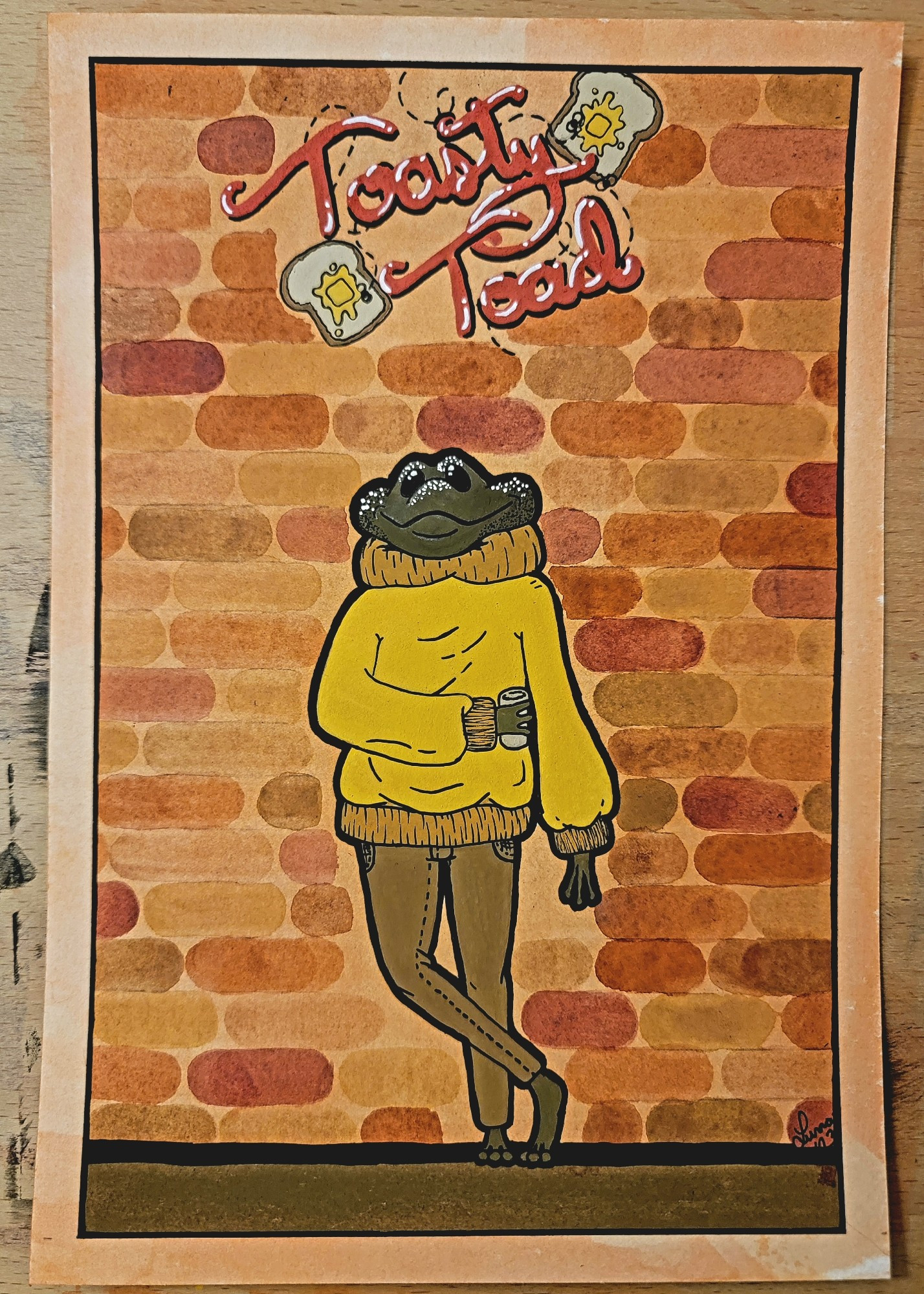 A painting of an anthropomorphic toad in a sweater with a glass. He is leaning on a brick wall with the words "Toasty Toad" scrawled above him