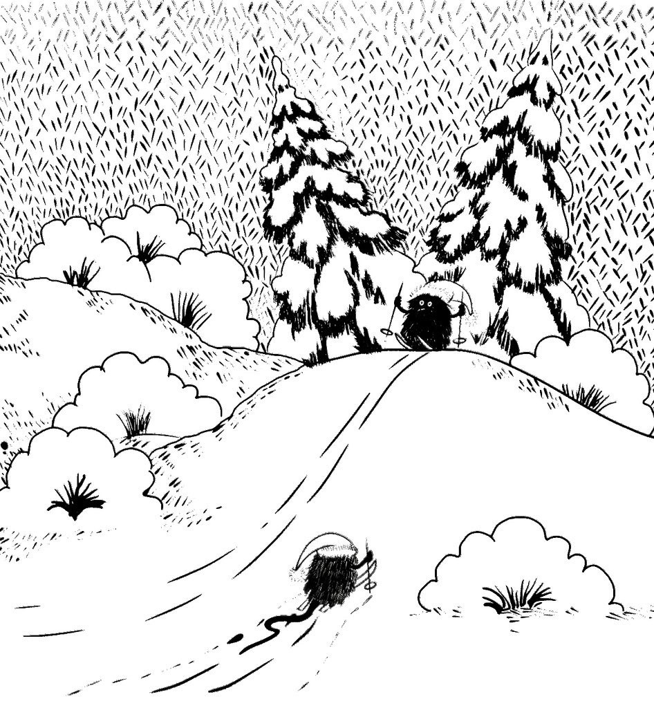 Ink drawing of a landscape featuring a ski hill with 2 snow covered pine trees at the top of the hill. There are two furry little guys wearing Santa hats skiing.