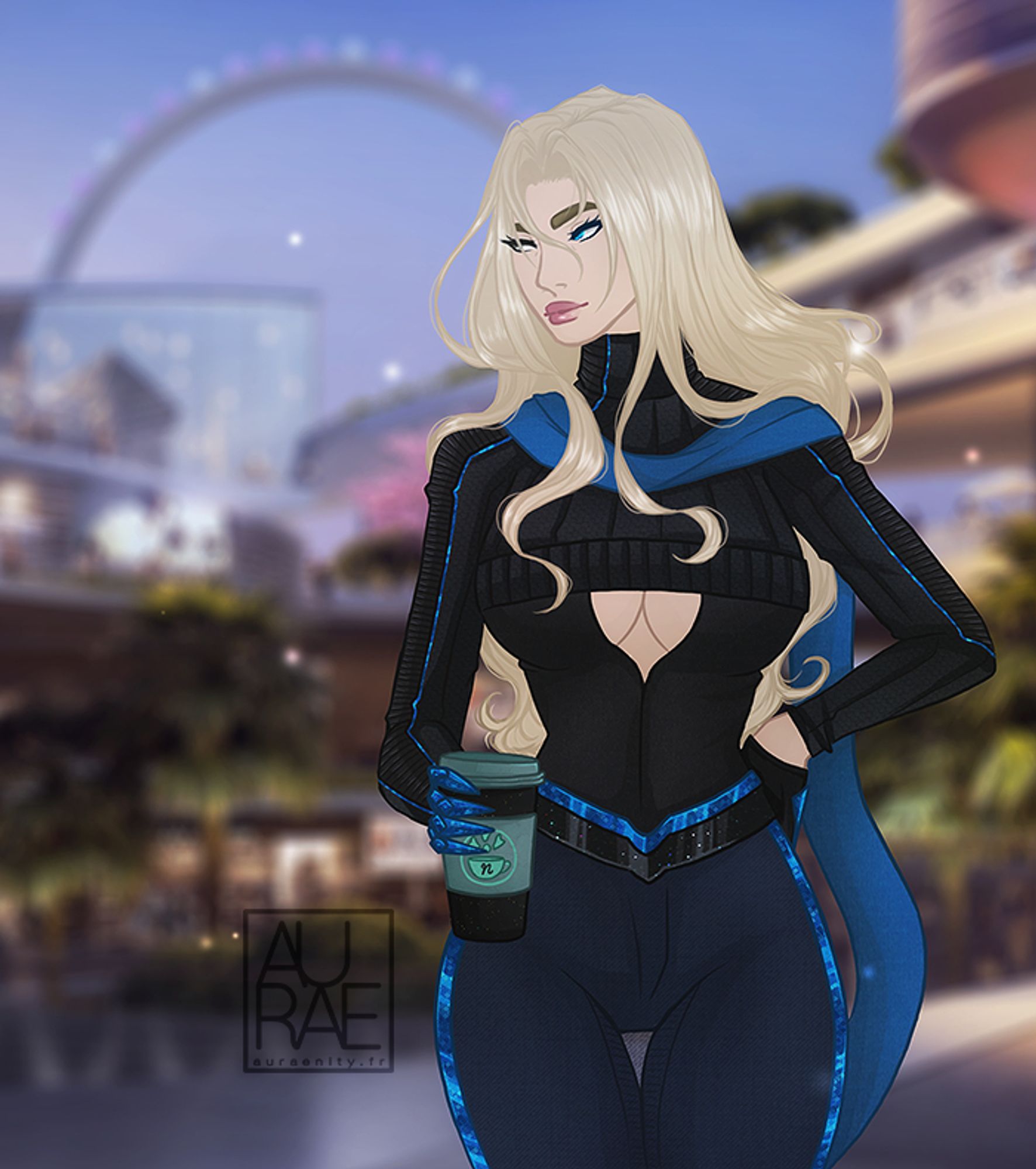 Half-body of my original character Nyrea. She has white skin, long blonde wavy hair, grey & blue eyes and a hourglass figure. She's wearing a black top with blue details, a blue scarf & dark blue pants. She's holding a to-go cup of of tea. The background is a modern city.