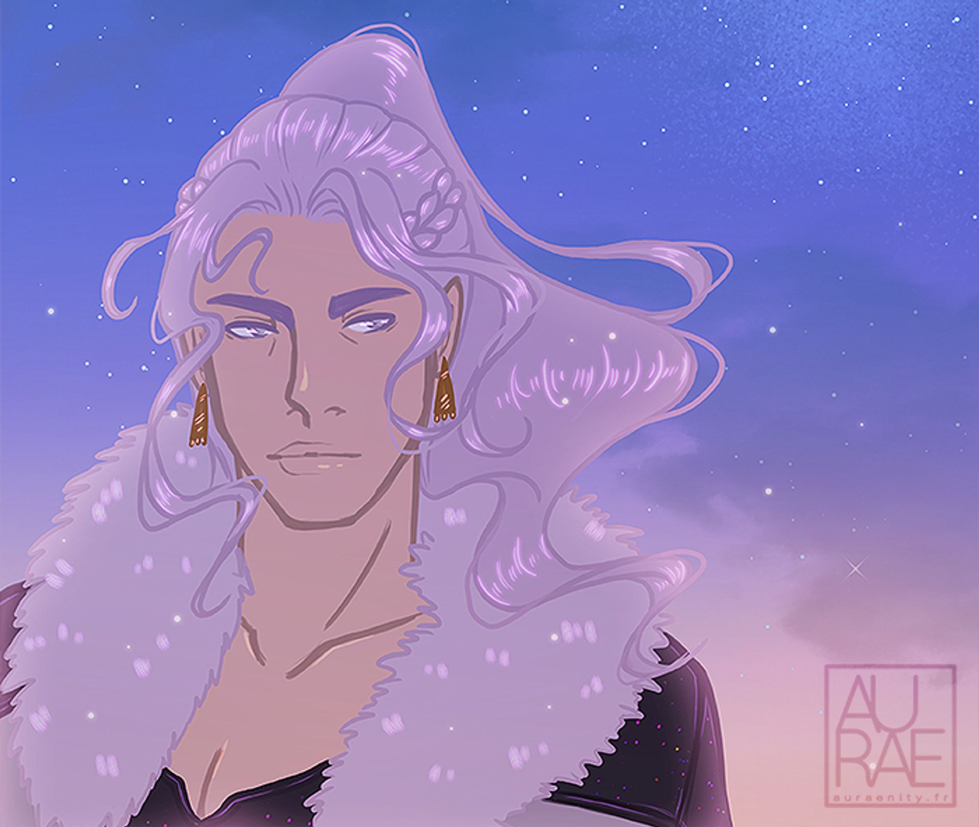 Fullbody of my OC Zephirel. He has white skin, long silver-lilac hair in a ponytail, grey eyes. He is wearing a lavender jacket with black parts & white fur, black top under the jacket, and gold earrings.