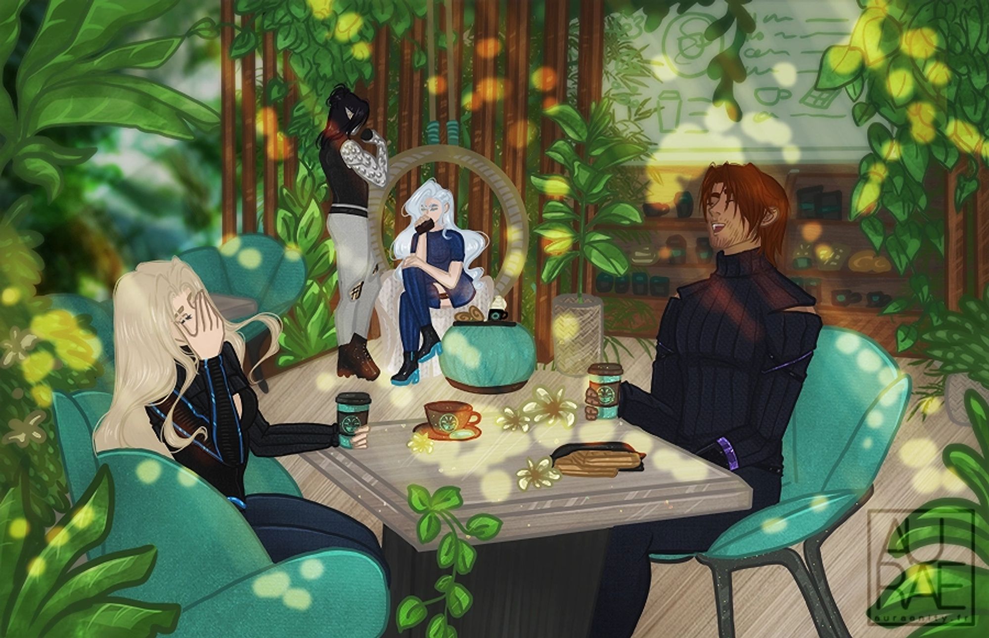 Illustration of my original characters, in a tea room with a lot of wood & plants. Nyrea & Dolvan in the front, are sitting in green flower shaped chairs, laughing. There's tea & flowers & waffles on the table in front of them. Half-body of my original character Nyrea. She has white skin, long blonde wavy hair, grey & blue eyes and a hourglass figure. She's wearing a black top with blue details, a blue scarf & dark blue pants. Dolvan has red hair, tan skin and dark turtleneck top & pants. 
Kalas & Kyara in the back. Kalas has black hair, silver scales on his arm, white skin, black sleeveless top & white ripped pants. He's standing in front of Kyara, who has white skin, silver wavy long hair, and a blue short dress and high thighs. she's sitting in a hanging circular chair, drinking her tea.