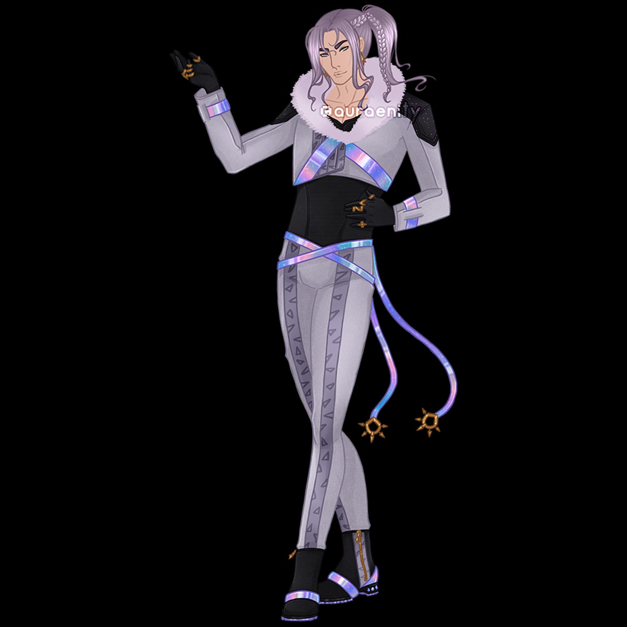 Fullbody of my OC Zephirel. He has white skin, long silver-lilac hair in a ponytail, grey eyes. He is wearing a lavender jacket with iridescent and black parts & white fur, black top under the jacket, black gloves with gold rings in each fingers, lavander pants with triangle patterns, and black & iridescent boots.