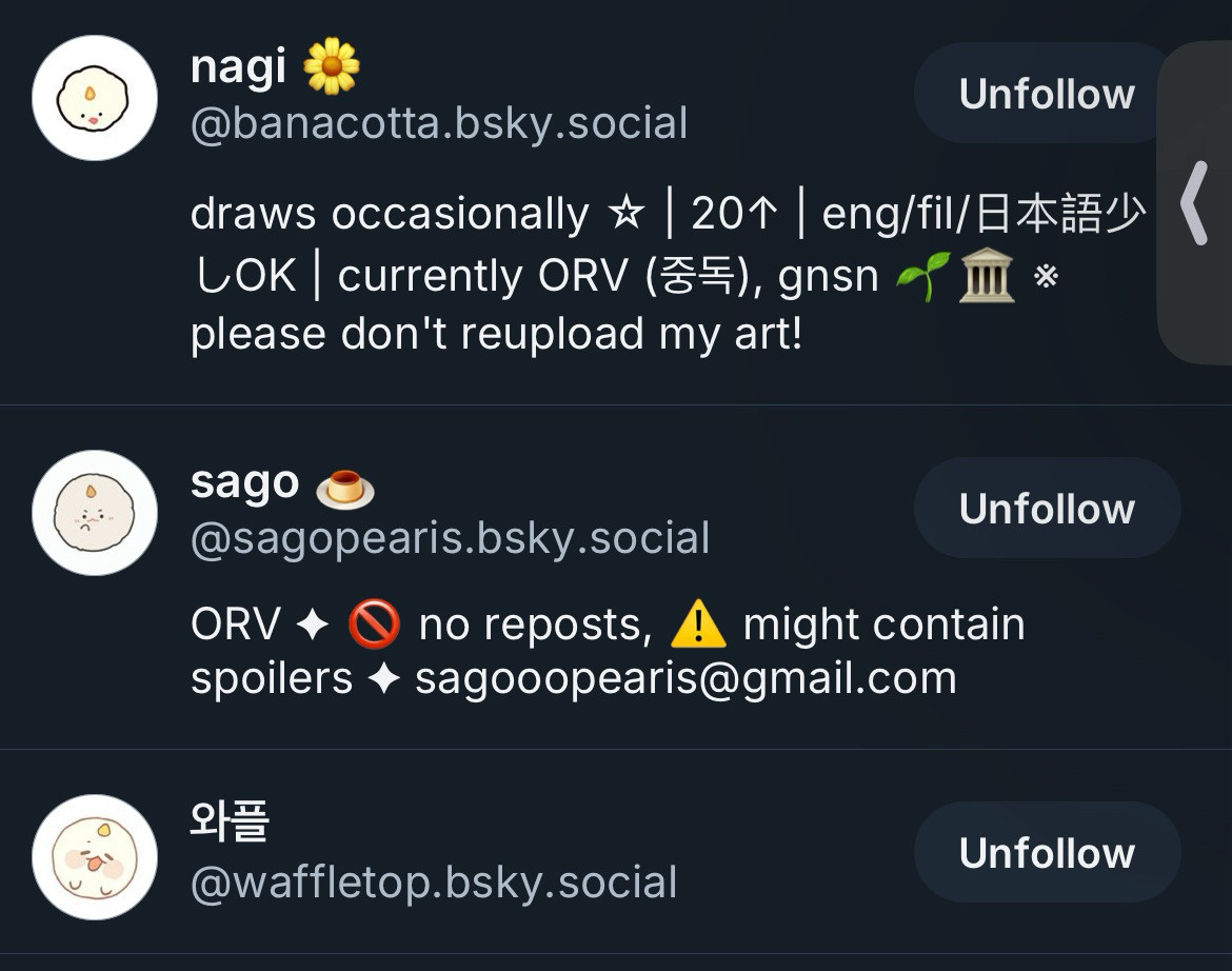 3 different profiles. All of them with a fluffy white ball with a face and a tiny horn as the profile picture. All in similar, cute, art styles.

First one is “nagi. @banacotta.bsky.social”

The second is “sago. @sagopearis.bsky.social”

The third is “와플 @waffletop.bsky.social”