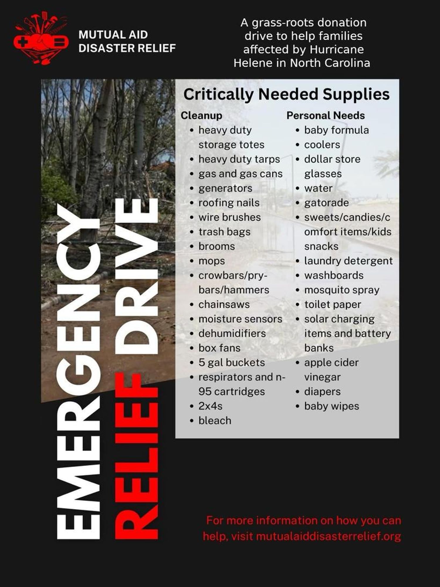 A social media post from Mutual Aid Disaster Relief calling for critically needed supplies and directing people to https://mutualaiddisasterrelief.org/ for more information.