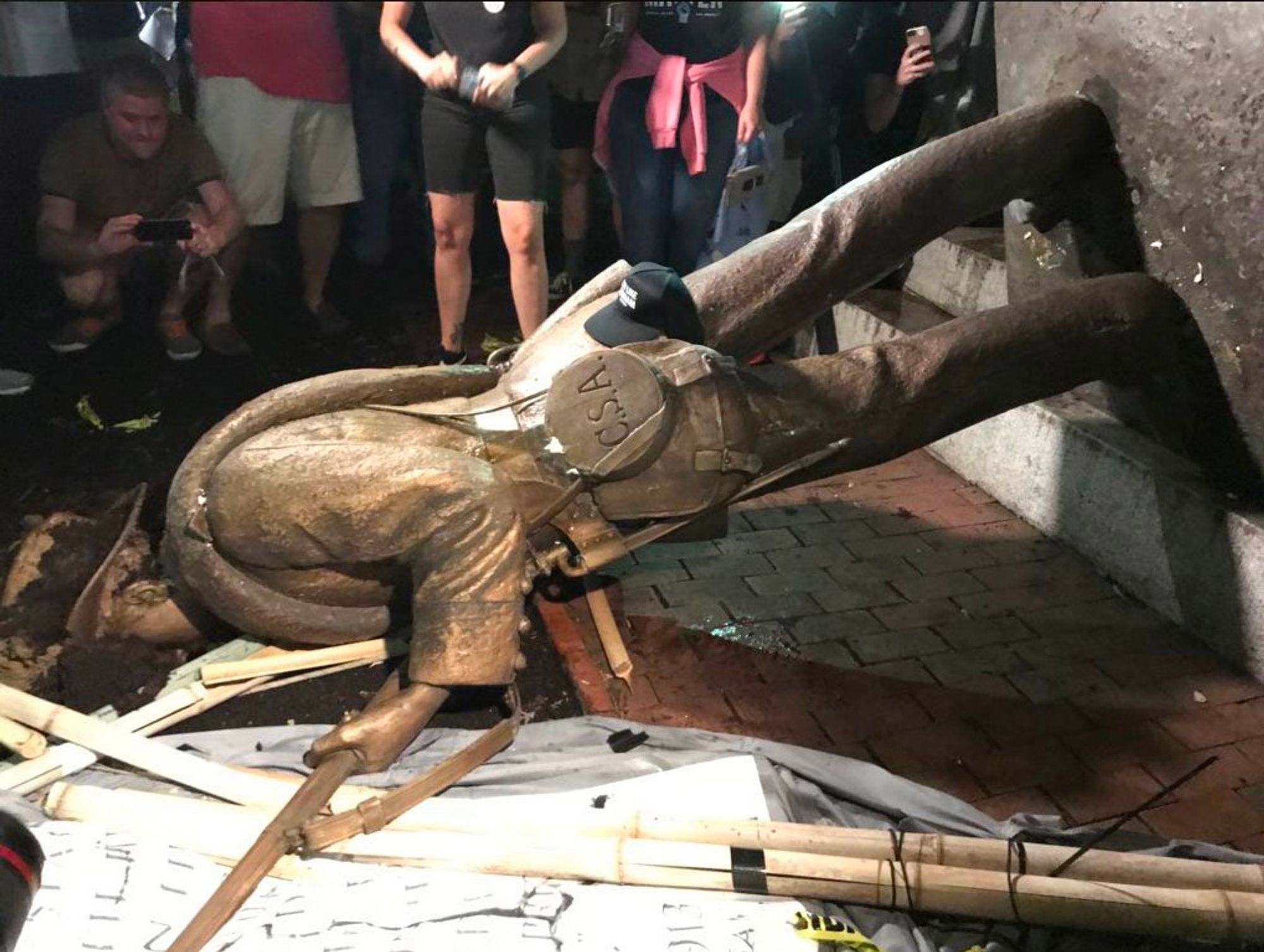 Graffiti reading "They were racists" on a Confederate monument in Nashville, Tennessee in June 2020.