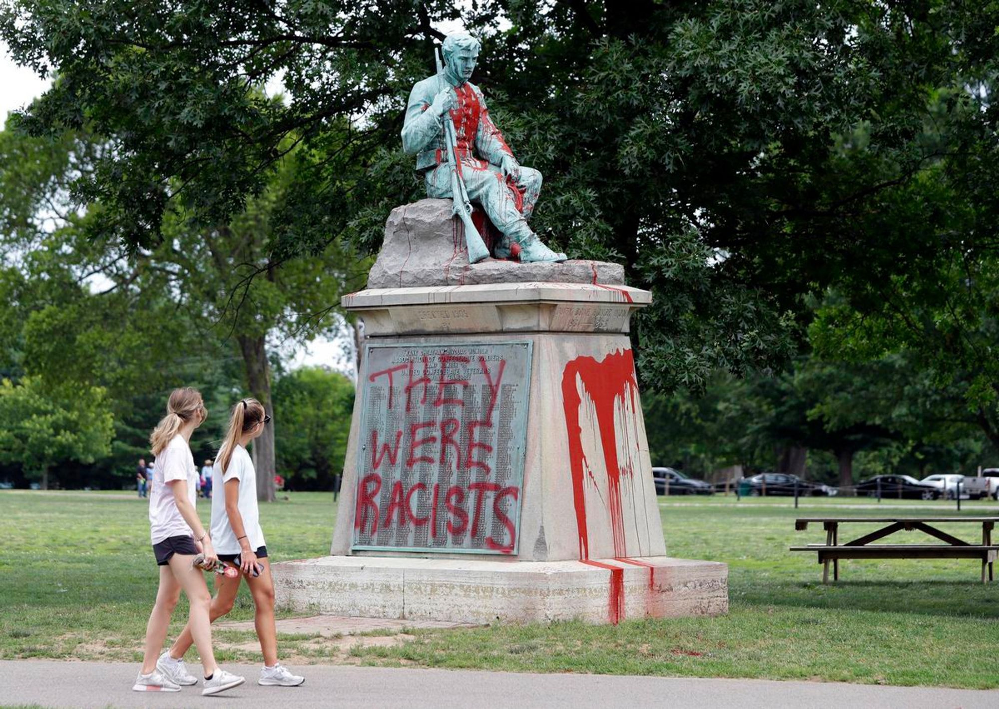 Graffiti reading "They were racists" on a Confederate monument in Nashville, Tennessee in June 2020.