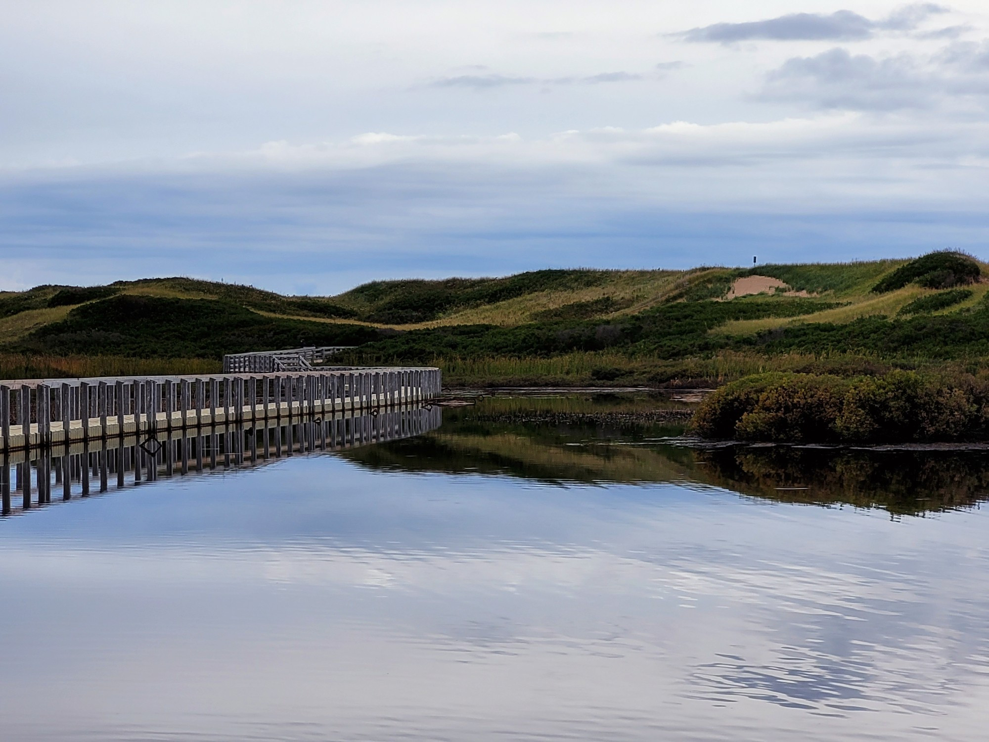 Floating boardwalk over a salt pond with dunes at Greenwich National Park.