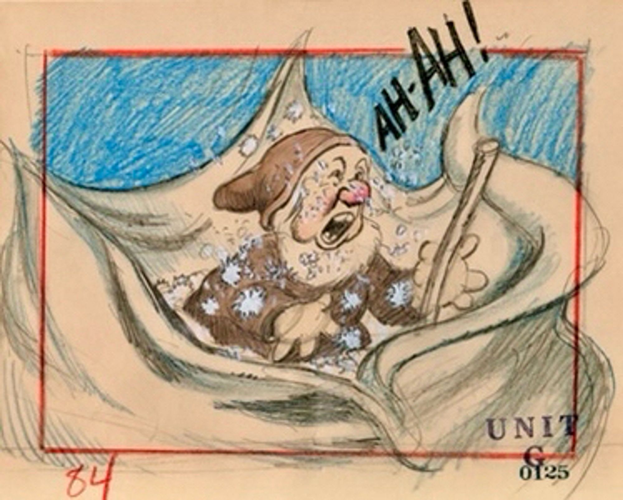 The dwarf Sneezy is seen about to sneeze. He is holding a stick, standing in a sheet full of pollen. This is a storyboard color drawing.