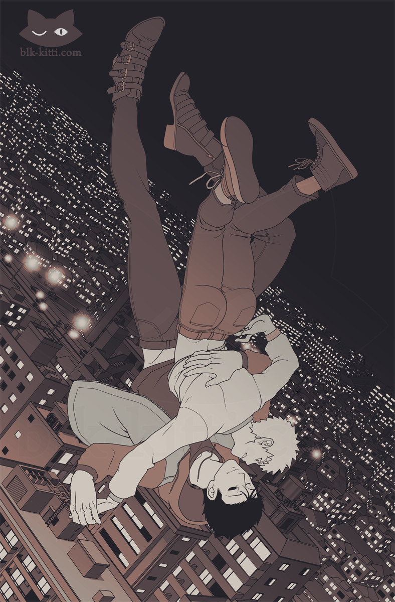 Sepia and green monochromatic gradient romantic fanart of Shimazaki Ryou and Hanazawa Teruki from Mob Psycho 100. The image is meant to resemble a still frame as the two are captured mid-movement as they either float or plummet upside-down beneath a night time cityscape. They are posed as if they are dancing the Tango, with Shimazaki looking relaxed and flirtatious in the leading position and Teru looking resistant and caught off-guard as he is led. Teru's signature lock-kneed pose betrays the fact that this is very likely to be mid-battle flirtation on Shimazaki's part.