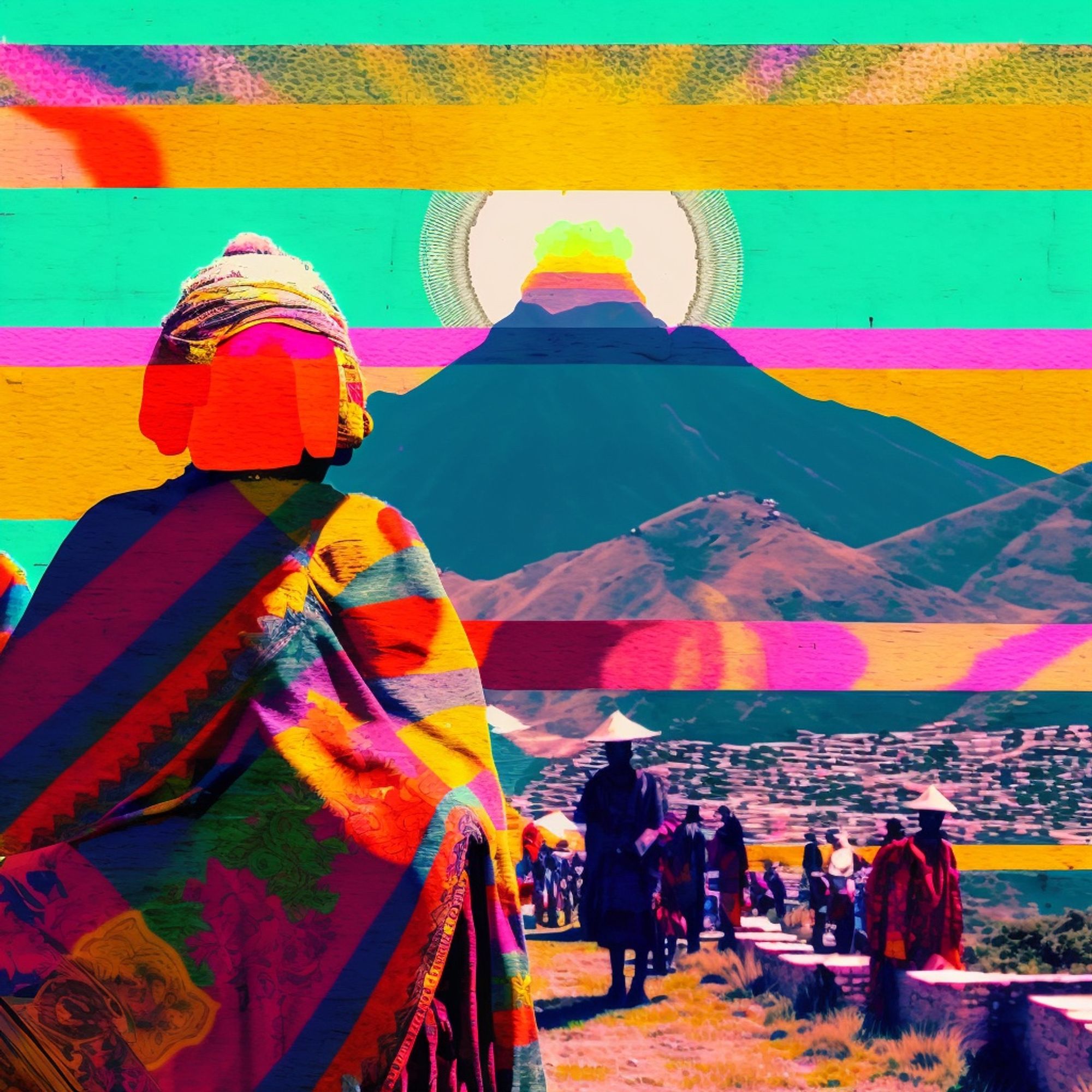 image depicting fictional people in the Andes walking towards a mountain, vibrant colors, abstract elements 