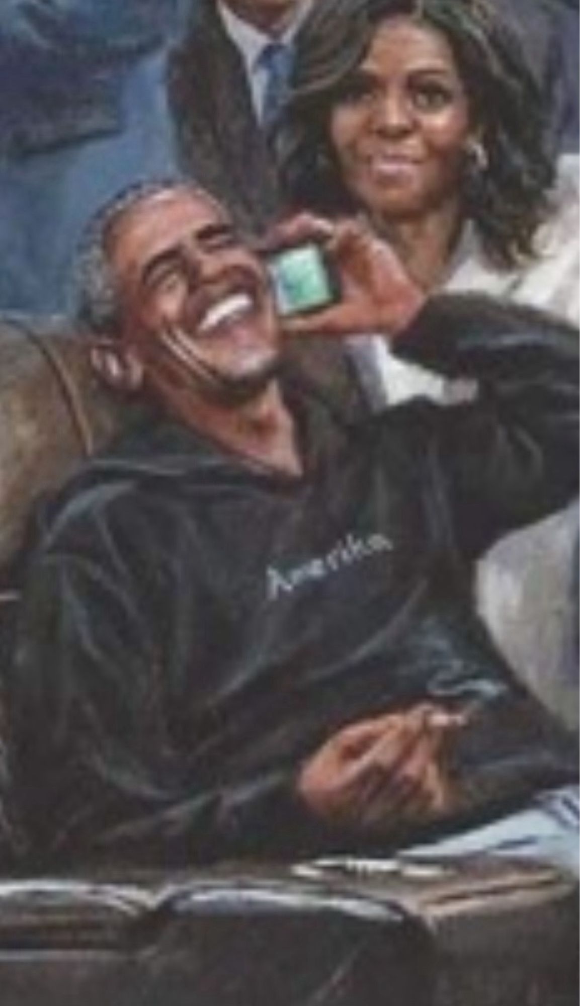 Barack Obama in a La-Z-Boy talking on the phone laughing and smoking a joint with an “Amerika” hoodie on as his wife Michelle looks on.