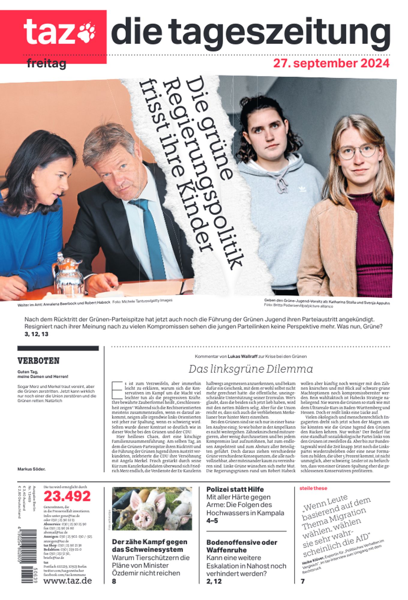 taz-Titel am Freitag: Die grüne Regierungspolitik frisst ihre Kinder
Titelfotos: Auf der einen Seite die grünen Regierungsmitglieder Annalena Baerbock und Robert Habeck, auf der anderen Seite die beiden Vorsitzenden der Grünen Jugend, Katharina Stolla und Svenja Appuhn, die jetzt unter Protest ihren Parteiaustritt angekündigt haben