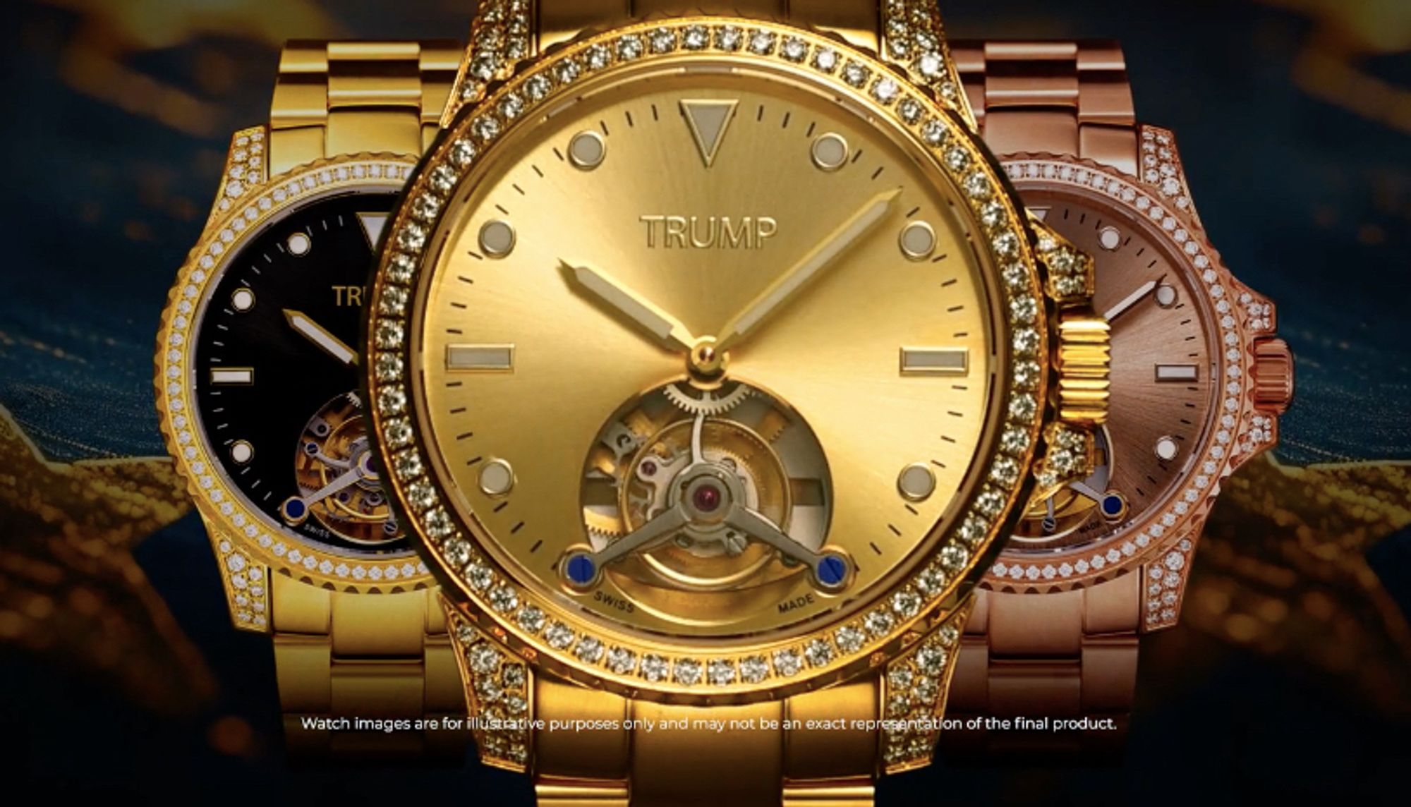 There are three watches. Their faces have "Trump" written on them. The first two are gold, one has a black face and the other has a gold face. The third watch is rose gold.