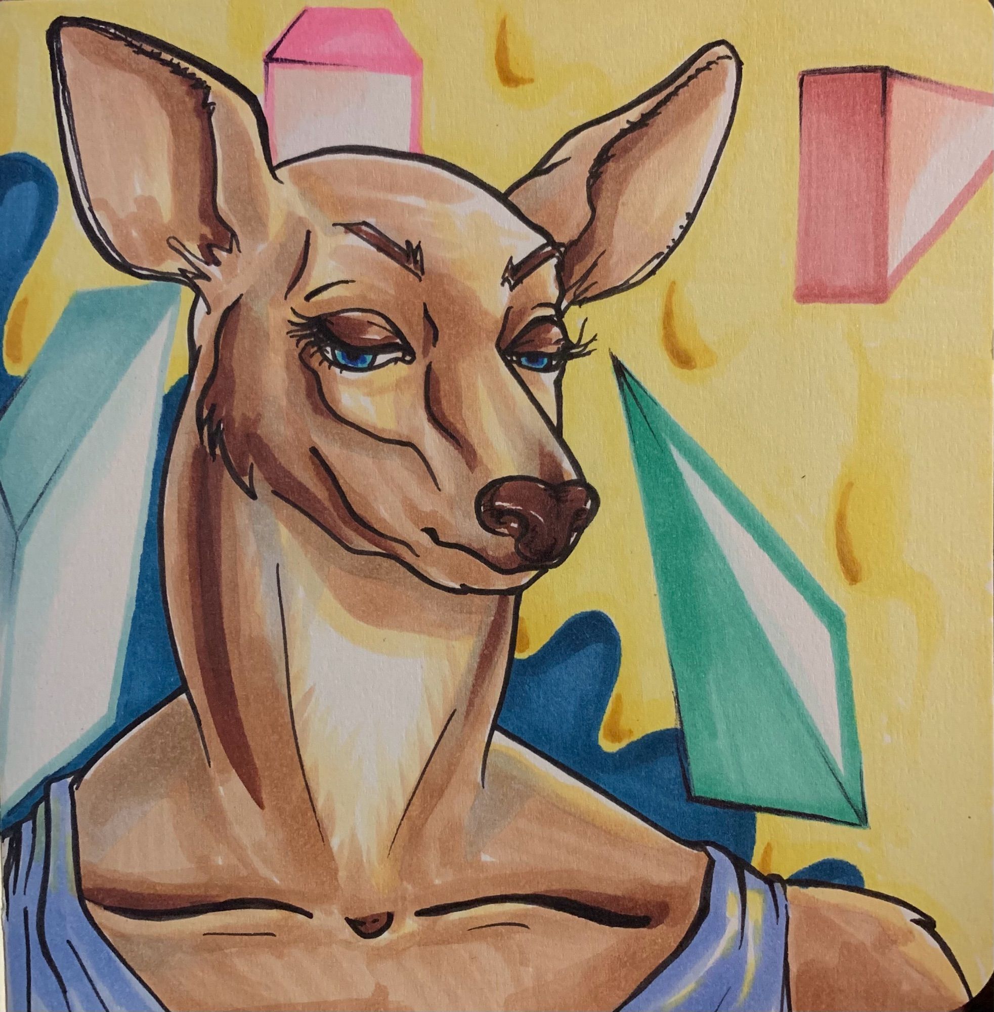 An anthropomorphic deer in a sky-blue tank top stands in front of an abstract background: various irregular polyhedra float against a backdrop of golden viscous liquid bubbling over a deep blue plane.