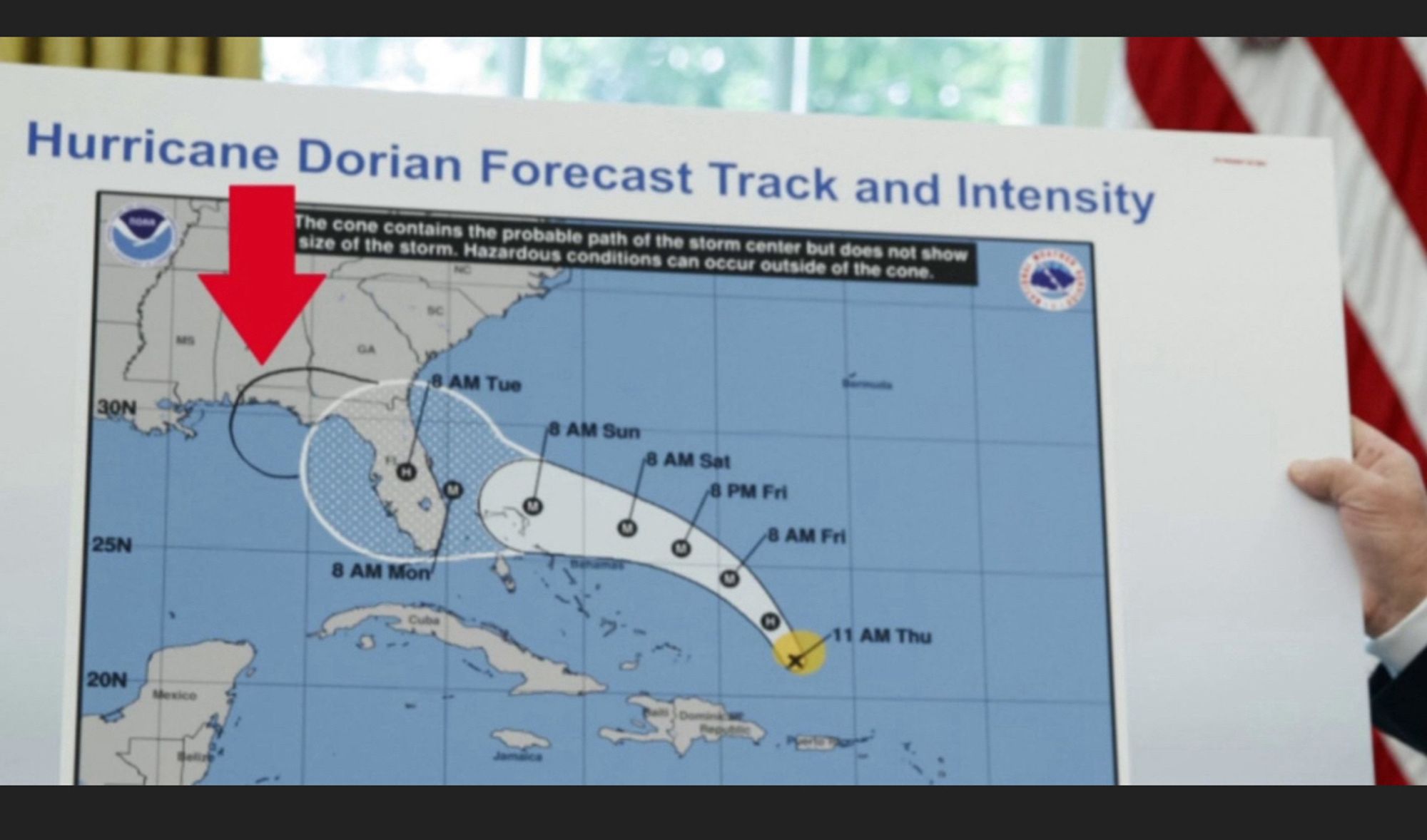 A map tracking Hurricane Dorian that Trump has extended with a sharpie.