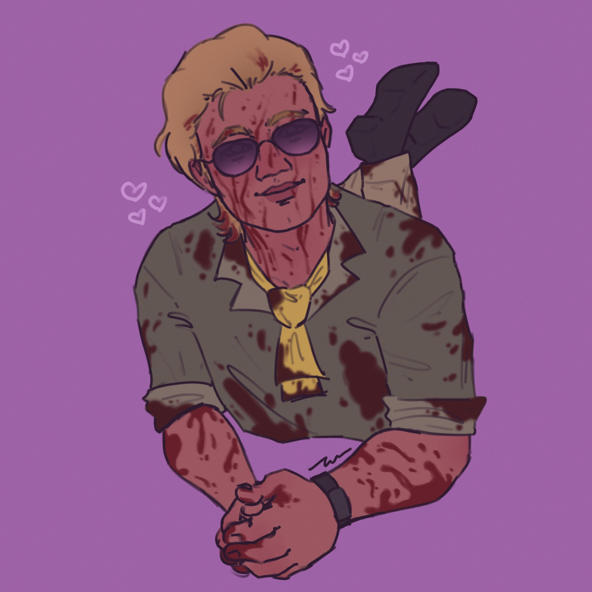 A digital drawing of Kazuhira Miller from the Metal Gear series. He is wearing a green shirt with a yellow ascot and aviator shades, and is laying on his stomach with his feet in the air while smiling and blushing. He is covered in blood, and there are cartoon hearts around his head.