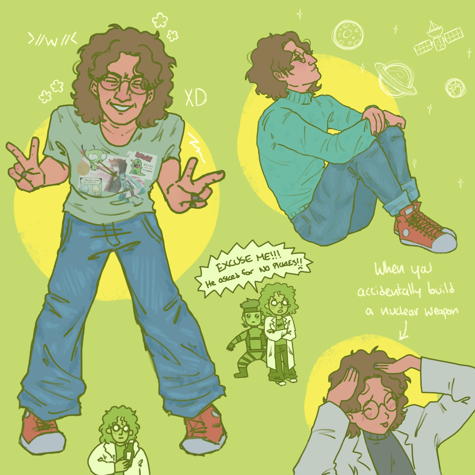 Five drawings of Otacon from the Metal Gear series on a light green background. The first is of him bent forward and grinning while holding up peace signs. He is wearing a grey t-shirt with a collage of various anime drawings and internet comics from the 2000s. Above his head are some excited emoticons and cartoony flowers. Below it is a monochrome green doodle of him holding a ketchup bottle. Next to it is a monochrome green doodle of him standing in front of Solid Snake and frowning, with a speech bubble that reads: "EXCUSE ME!!!! He asked for NO PICKLES!!". Below that is an anime-style drawing of him placing both hands on his head and sticking out his tongue, with text above that reads: "When you accidentally build a nuclear weapon". Above that is a drawing of him sitting with his knees pulled to his chest and looking up at some various sketches of stars, planets, and a satellite.