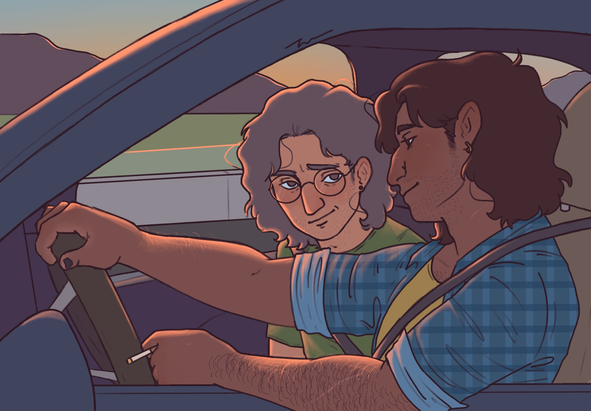 A digital drawing of Solid Snake and Otacon from the Metal Gear series. Snake is driving a car with a cigarette in his hand while Otacon is looking over at him affectionately from the passenger seat. They are both dressed in casual clothes. There are mountains and a sunset in the background.