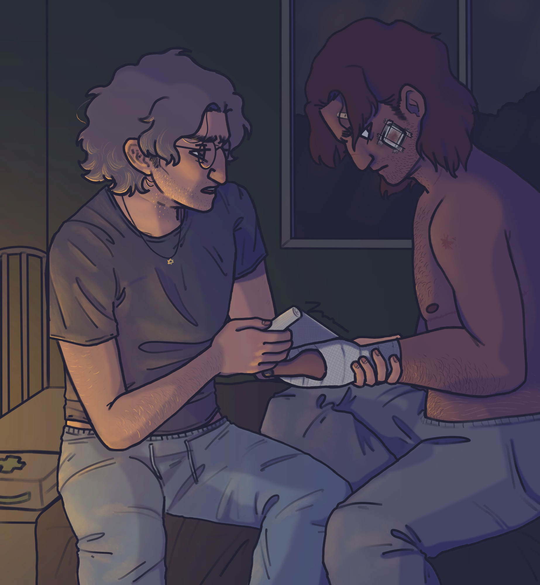 A digital drawing of Otacon and Solid Snake from the Metal Gear series. They are both sitting on a bed in a dimly lit room while Otacon is wrapping a bandage around Snake's wrist and frowning. He is wearing a tshirt and sweatpants and has a magen david around his neck. Snake also has a bandage on his cheek, and is wearing sweatpants but is shirtless with visible top surgery scars.