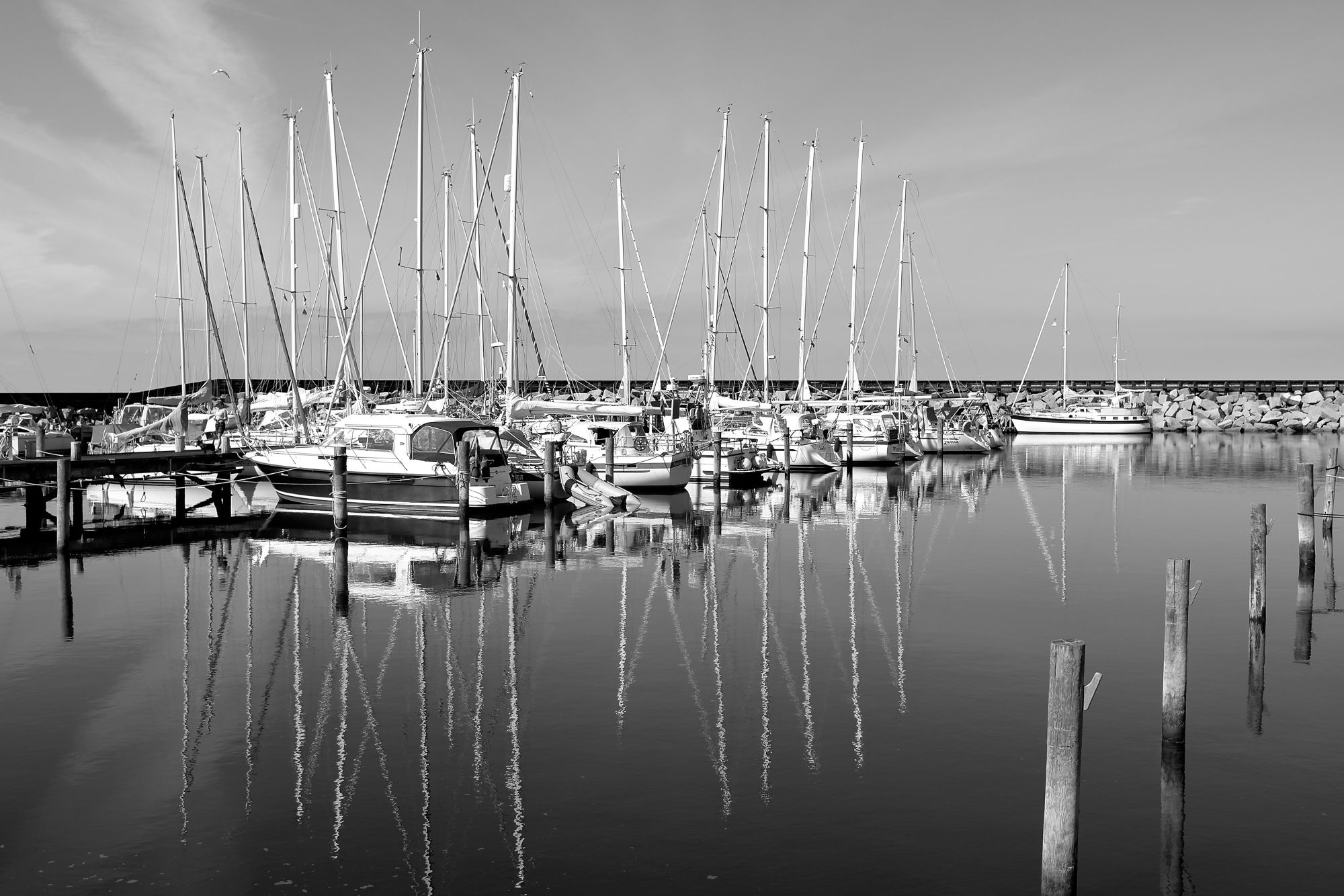 S/W-Aufnahme in der Marina von Østerby Havn auf der dänischen Kattegat-Insel Læsø nach Ende der Hochsaison. An einem hölzernen Steg festgemachte Segelboote und ihre Masten sowie Motorboote spiegeln sich im ruhigen Wasser des durch die Hafenmole gut geschützten Hafenbeckens.

@ Torsten Grieger