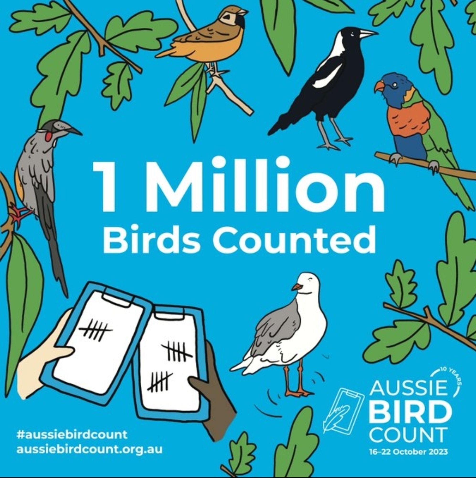 A blue card with 1 million birds counted in text, showing cartoon birds around the edge