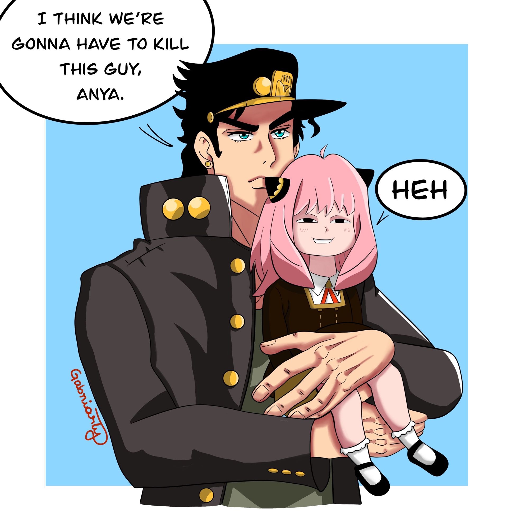 Jotaro Kujo from Jojo’s bizarre adventure holding Anya Forger from Spy x Family and telling her they gonna have to end a villain, Anya is maliciously smiling and saying heh