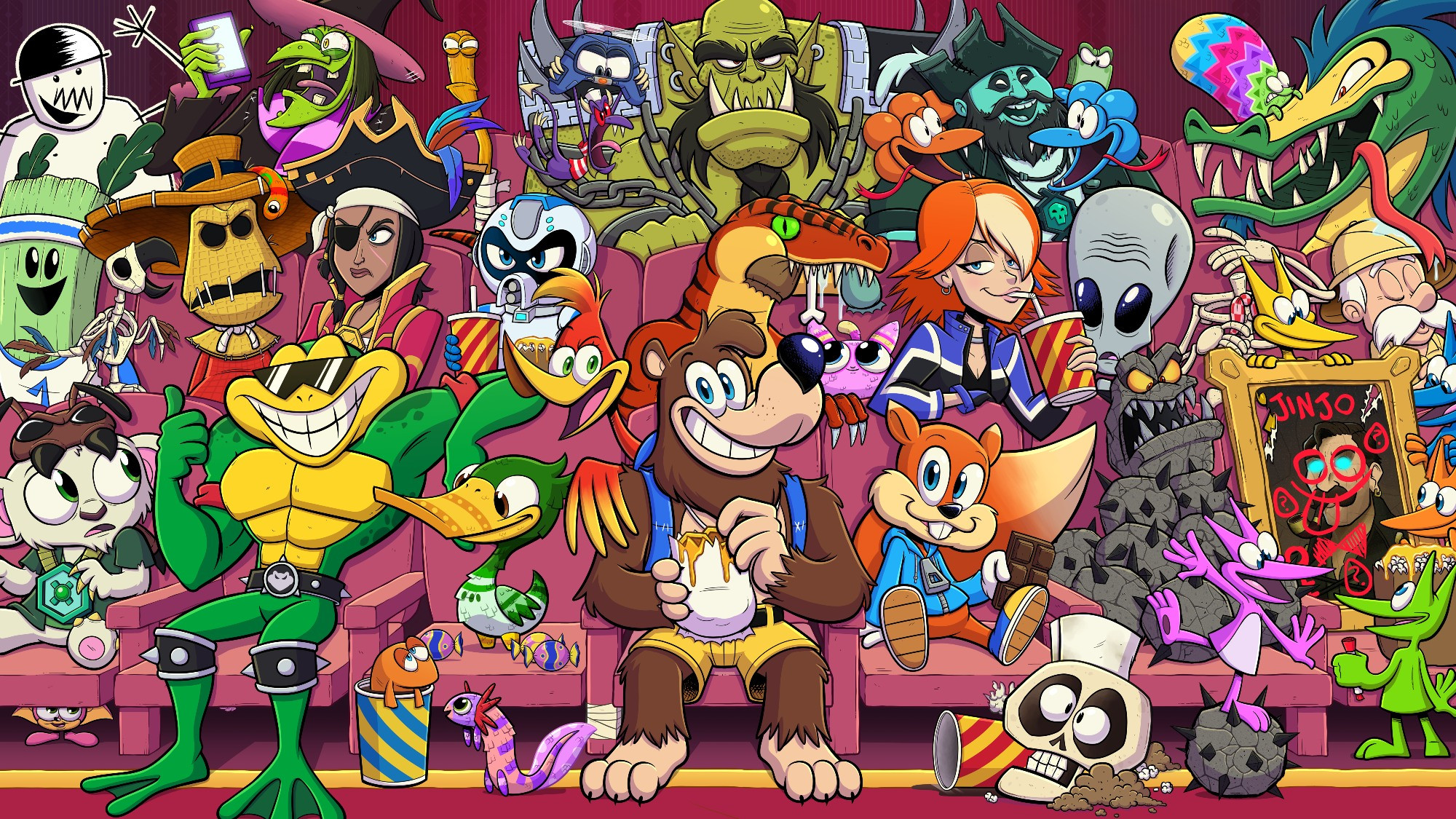 Theatre seating contains a range of characters from Rare games, including Banjo and Kazooie, Conker, Rash from Battletoads, Mr. Pants, Joanna Dark and Elvis from Perfect Dark, Lesedi from Sea of Thieves, Mr. Ribs from Grabbed by the Ghoulies and various Piñatas from Viva Piñata. Some are just sat smiling, while others are getting up to mischief.