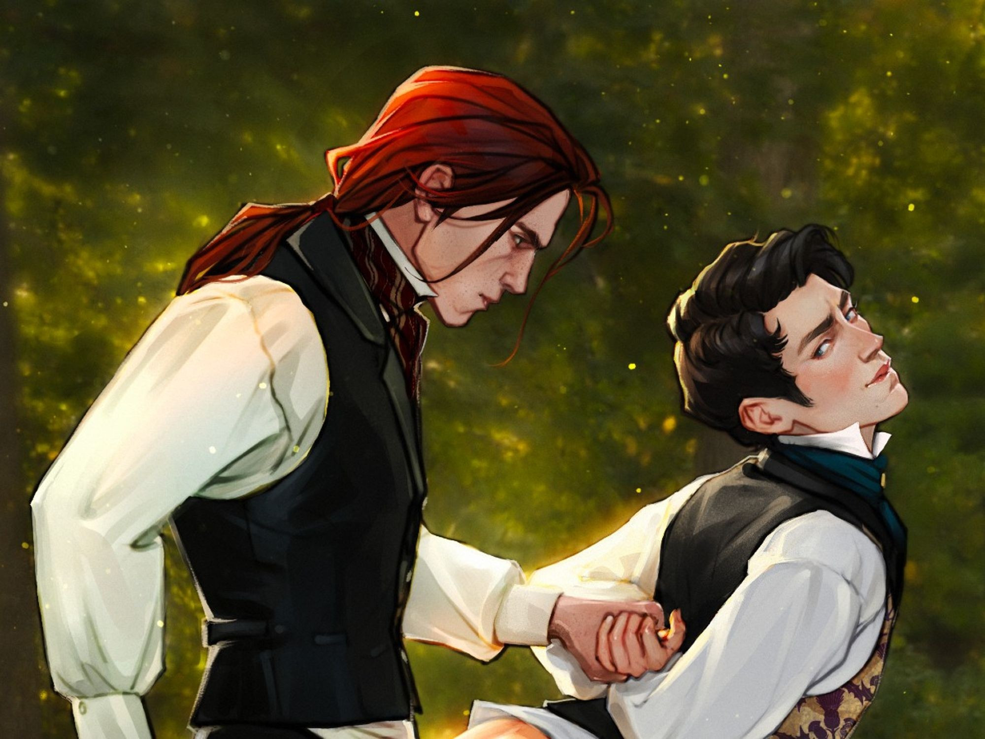 Digital artwork with my original characters Eridc and Terrence from a victorian Gay romance. Two men dressed in mid century victorian clothes engage in a sensual power play. One holds the other by  the wrists keeping his hands behind his back and making him lean into him. 