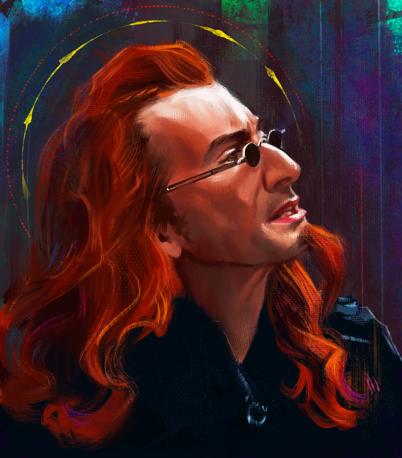 Portrait of Crowley portrayed by David Tennant from Good Omens tv-series. It's Crowley from the Globe times with long red hair and a goatee and small  black circular eye glasses.