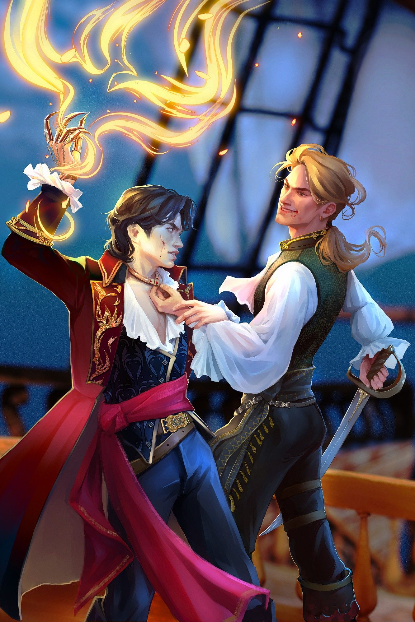 Digital illustration. Two handsome white young man in pirate clothes fight on a deck of a pirate ship.