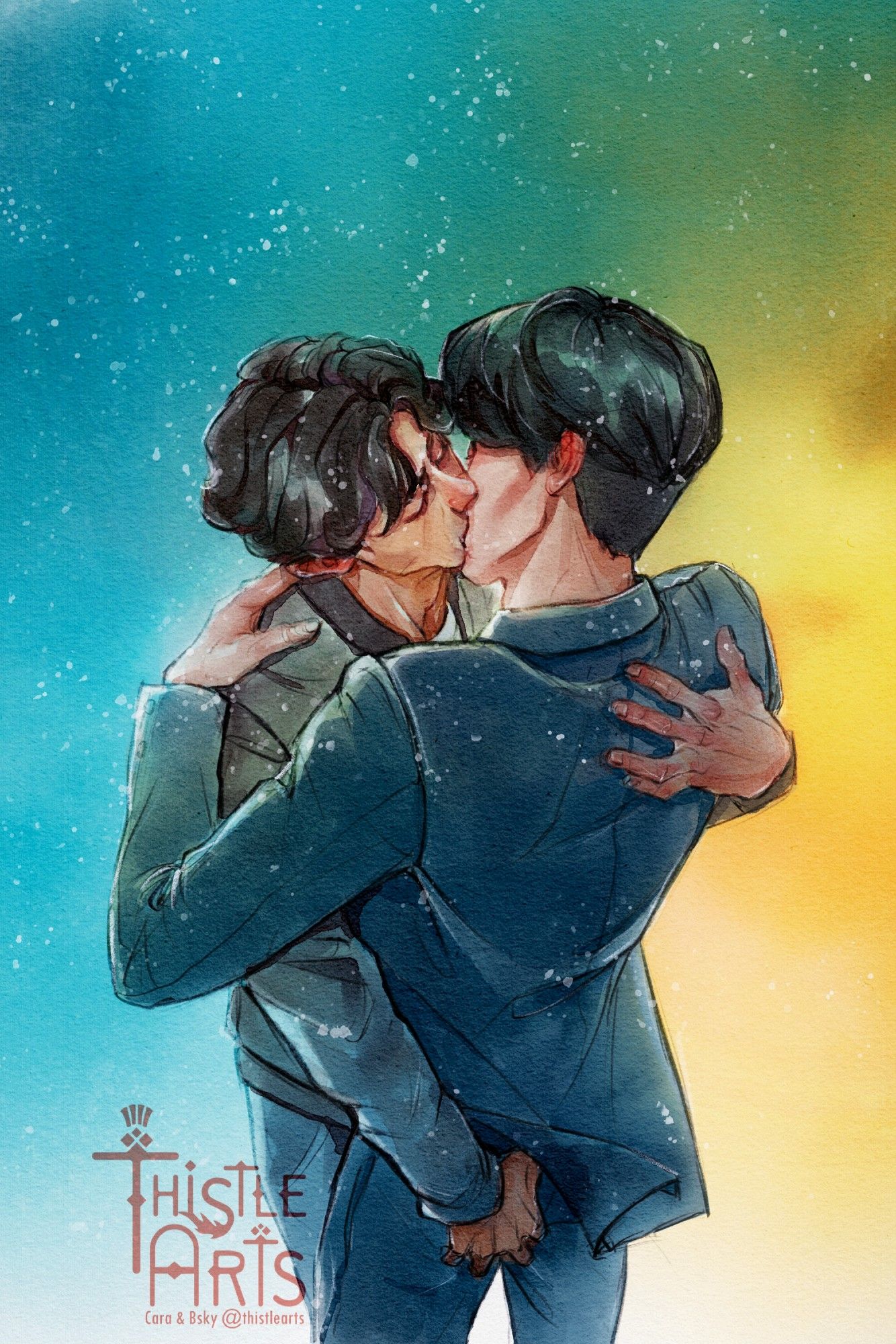 Digital watercolor art. Two men wearing contemporary clothes share a kiss under the falling snow.