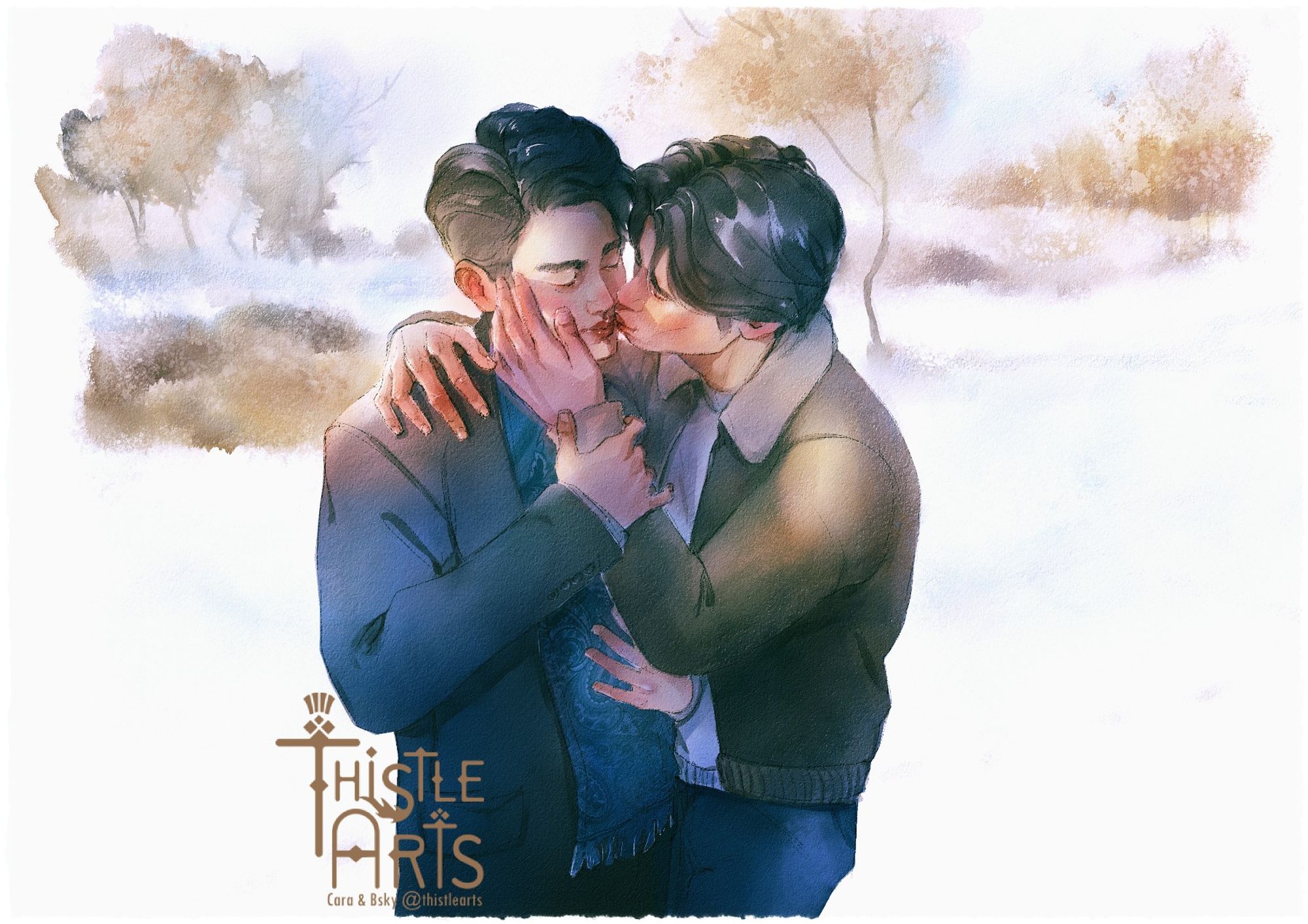 Digital watercolor. Two asian men stand on the snowy background. One kisses the other gentlly on the cheek.