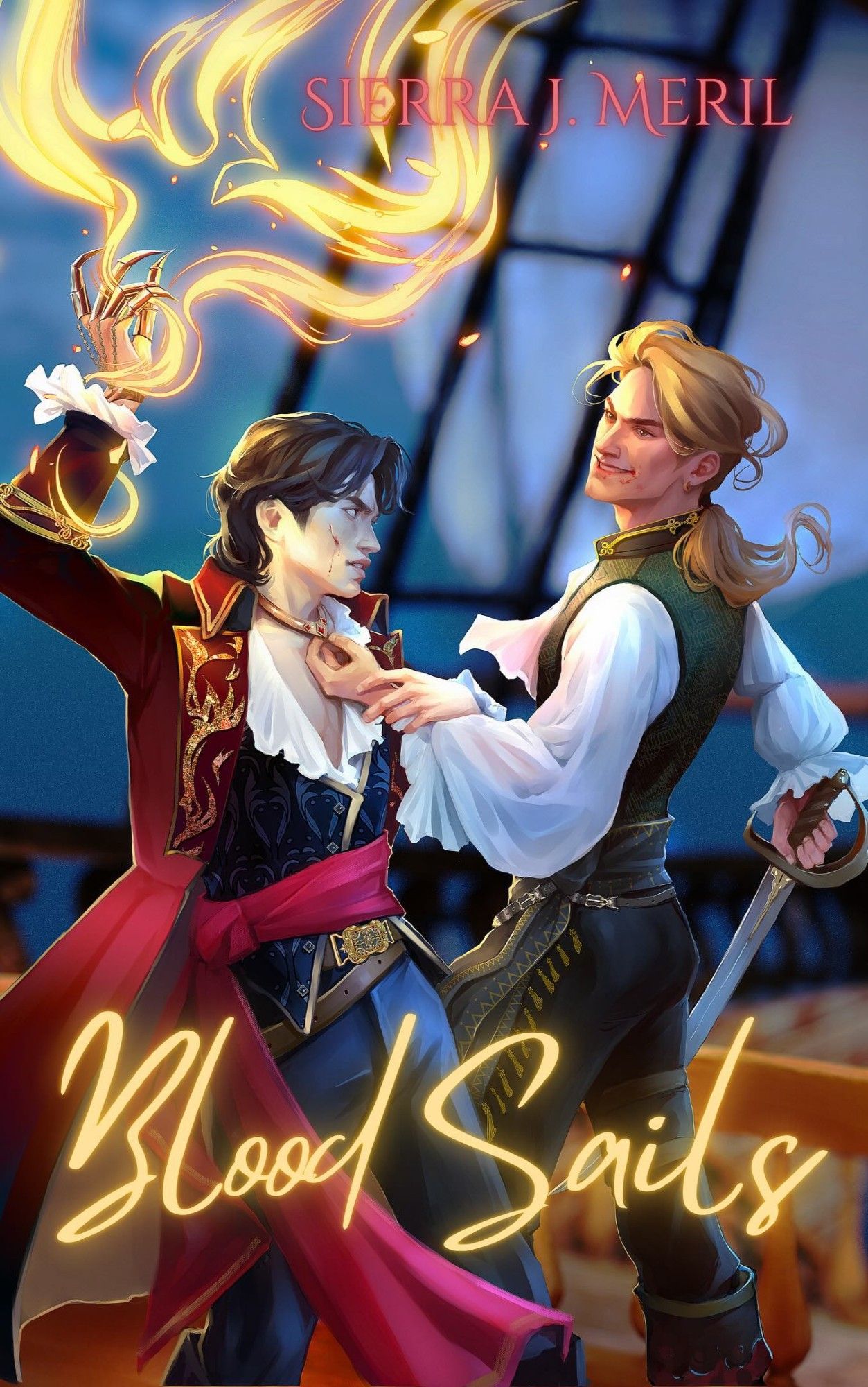 Book cover art for Blood Sails by Sierra J. Meril
Two men in pirate clothes stand on the deck of a ship. They seem to be in a middle of a fight, but also there's sexual tension between them. The man on the right has a fire spell in his hand.