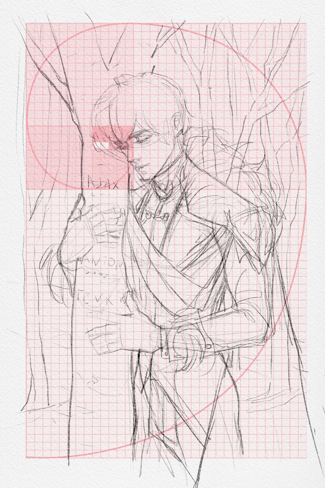 Rough sketch of Childe fanart. One  a red grid there's a golden ratio and the sketch is outlined according to it. A young man in ornate fantasy clothes hugs a birch tree.