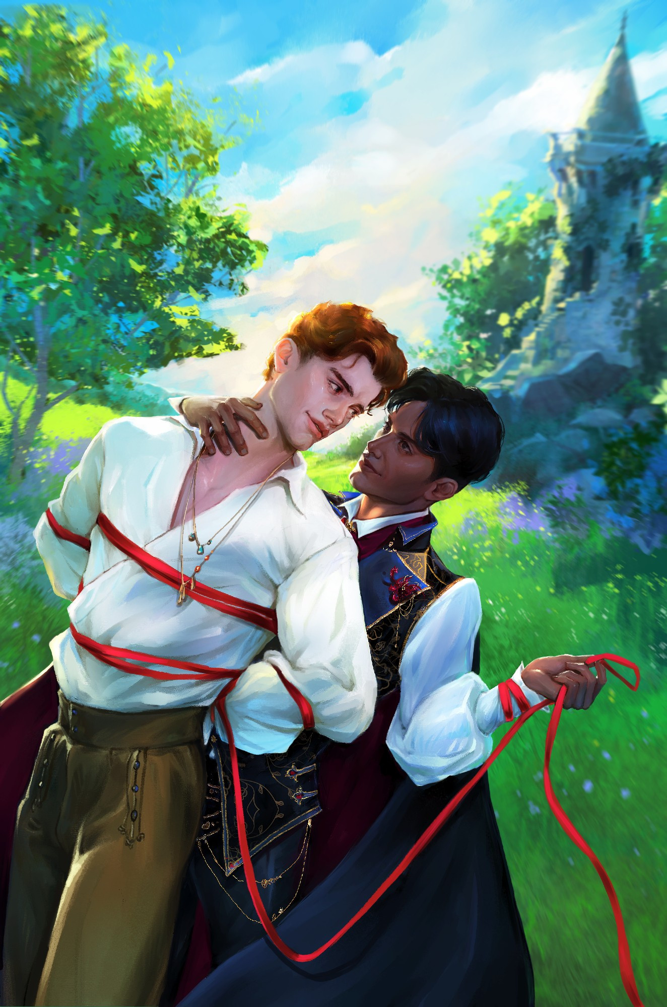 Full colored render of a book cover artwork with two men in fantasy clothes with a distant magician's tower in the background.