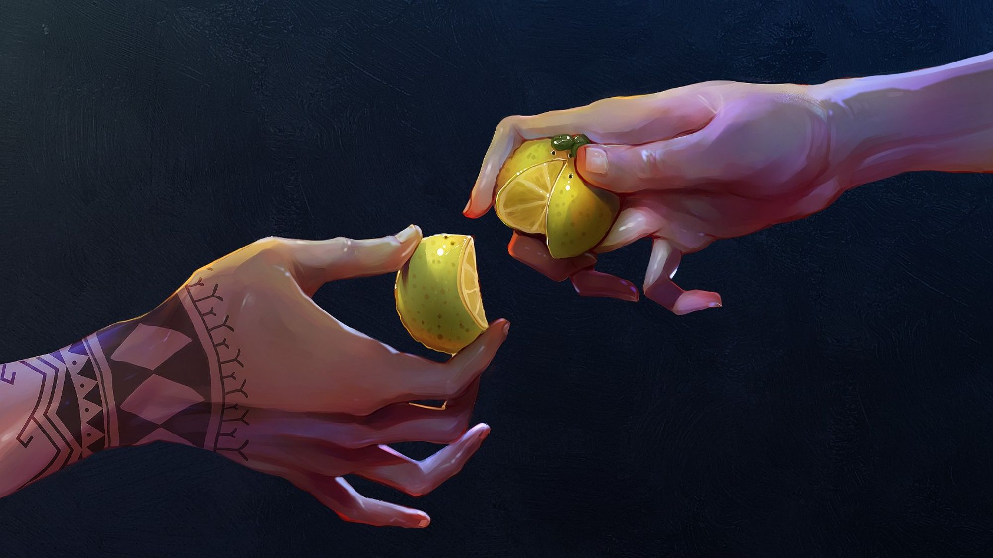 Digital artwork. To male hands reach for one another holding pieces of lemon.