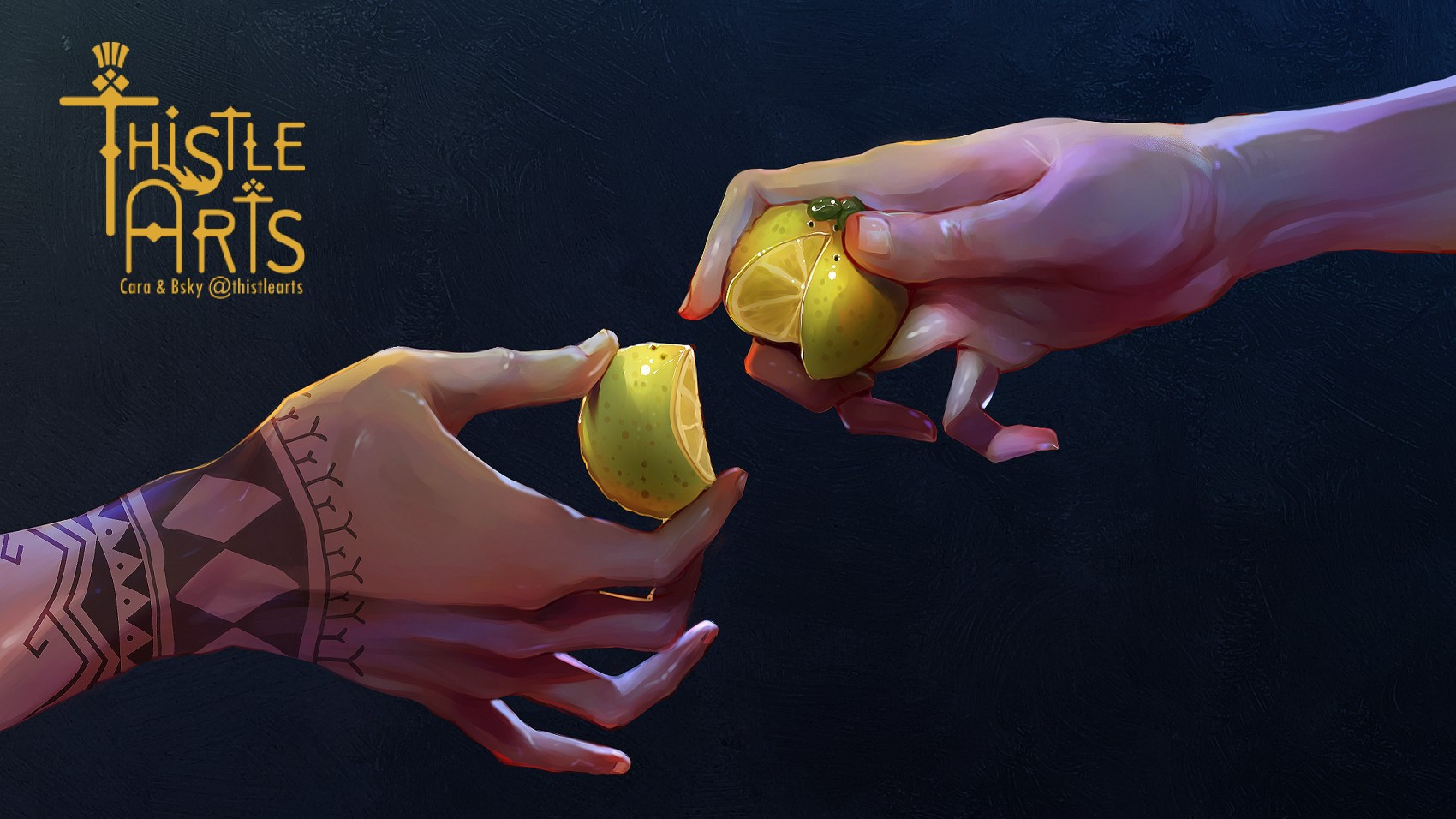 Digital artwork. Two male hands reach towards each other holding a half of a lemon each. 
On hand is tattooed.