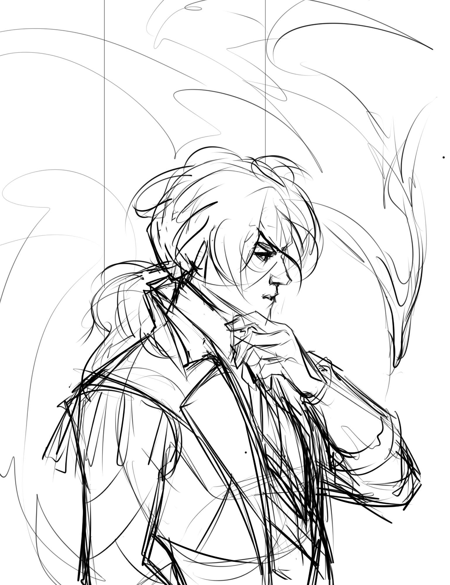 Rough sketch of Diluc Rangvindr fanart. It's a side profile with his holding his hand near his chin. And a vague shape of a bird behhind him.