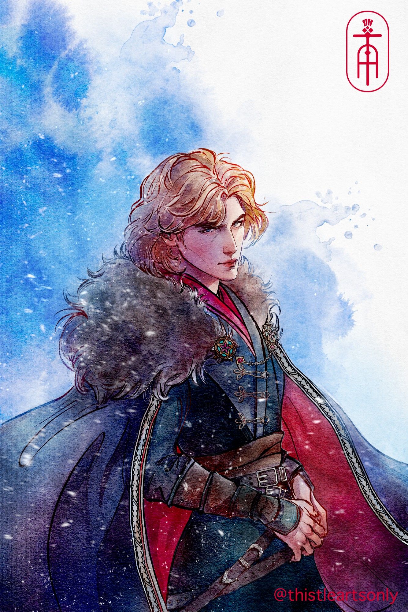 Digital watercolor portrait of a fantasy character. He's blond, handsome and is dressed in richly adorned fantasy winter clothes with a fur cape.