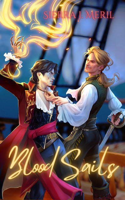 Book cover art for Sierra H. Meril's "Bllod Sails"
Two  handsome white men dressed in pirate clothes  fight on the deck of a pirate ship. One holds the sabre the other has a fire spell ready to launch in his hand. 
But there's some  sort of erotic tention between them. 