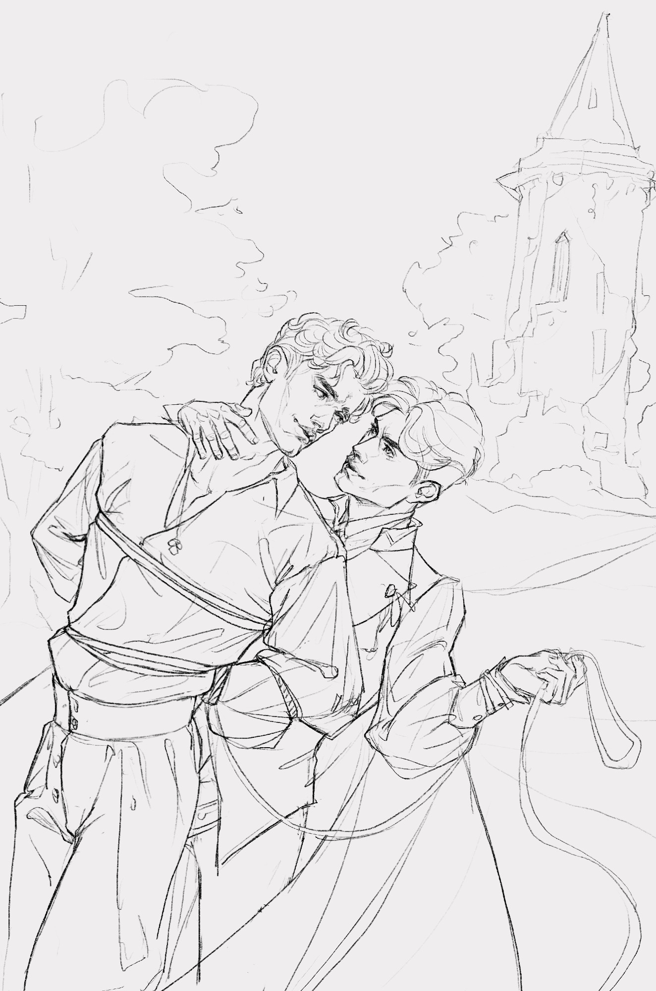 Sketch of a book cover artwork with two men in fantasy clothes with a distant magician's tower in the background.