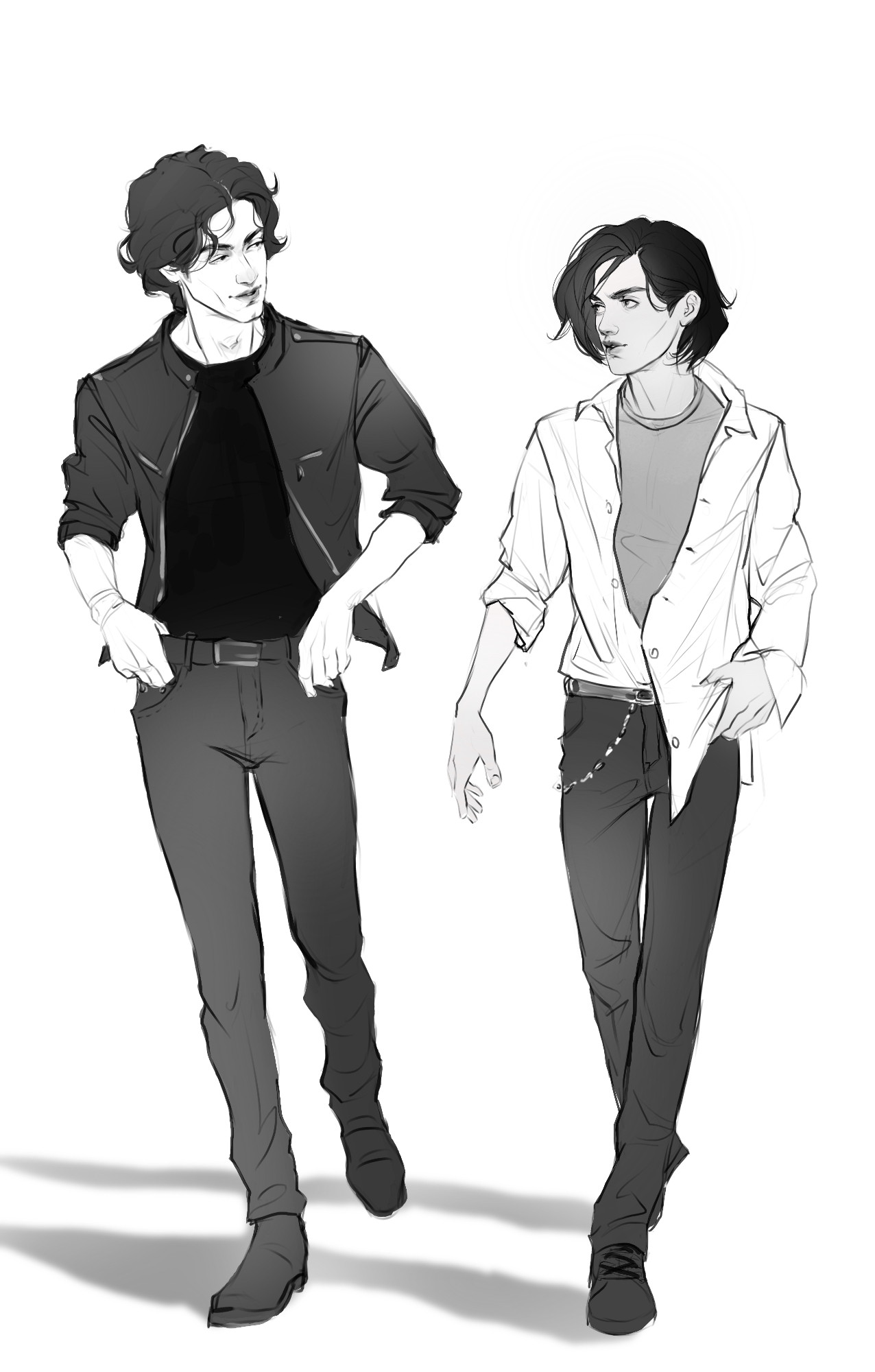 Black and white character art of two young men walking side by side.