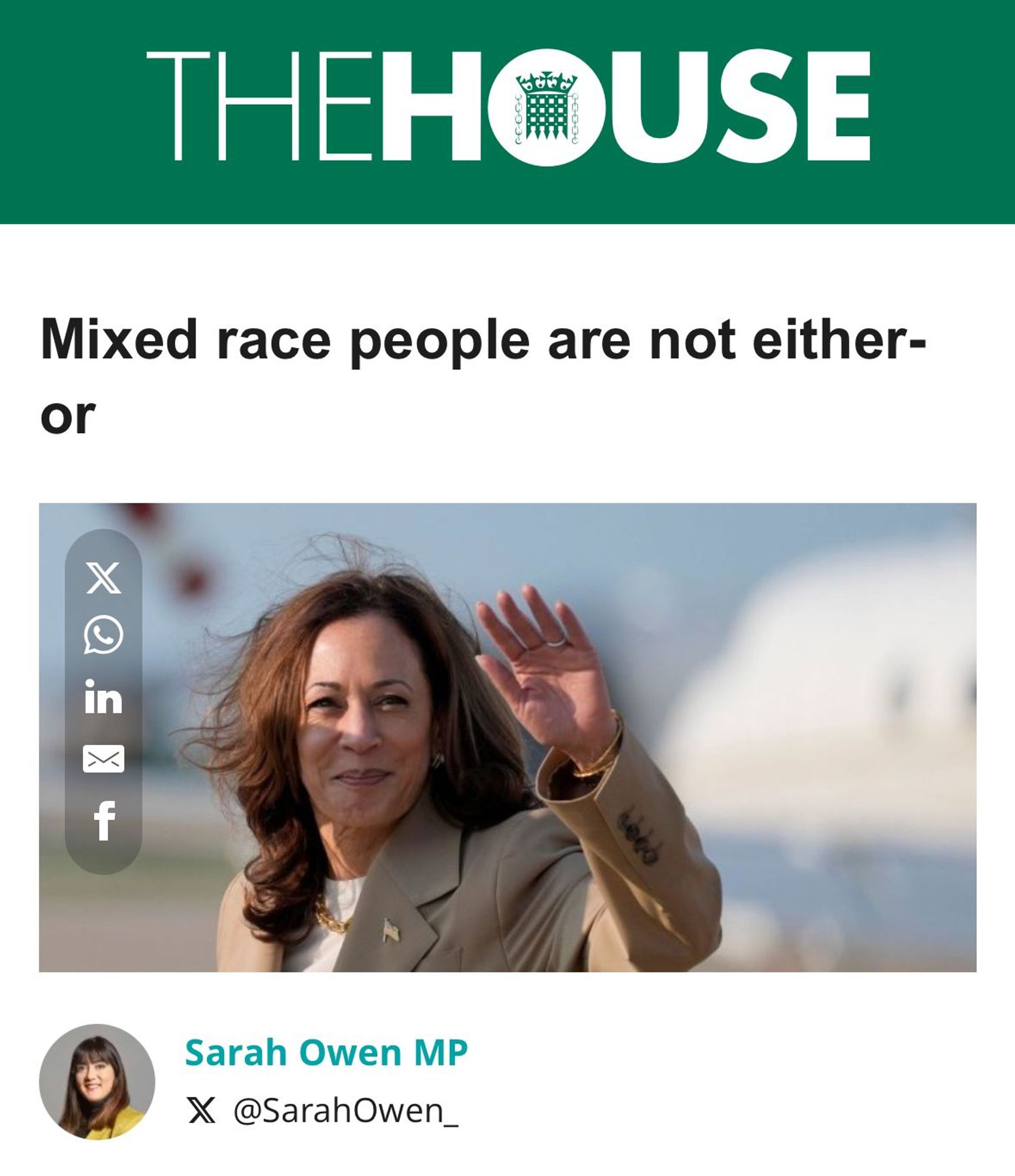 A screenshot of an article in The House magazine with the title "Mixed Race people are not either-or", with a picture of US Vice President Kamala Harris